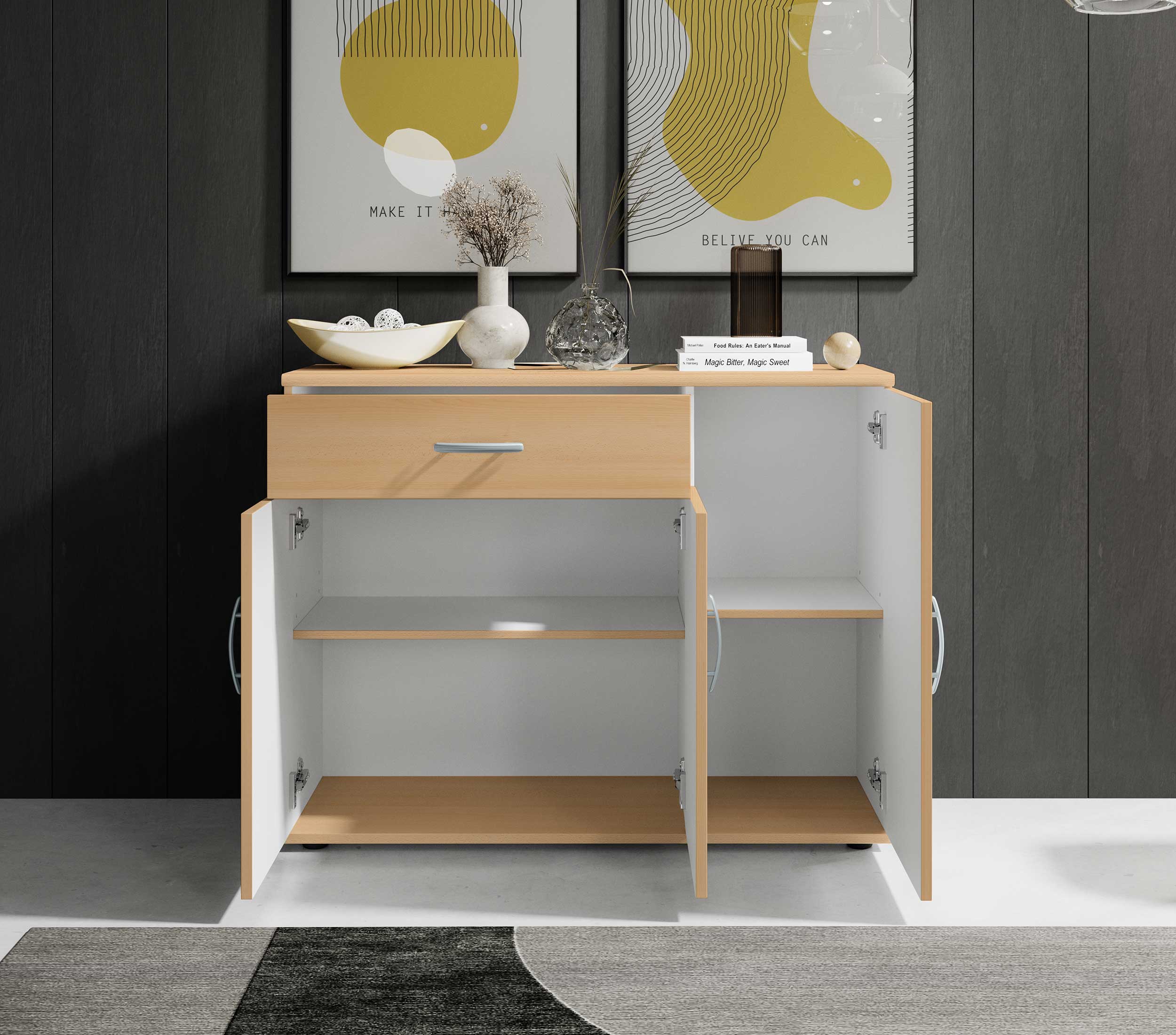 Commode Viviane 90cm avec 3 portes & 1 tiroir - hêtre - Image 2