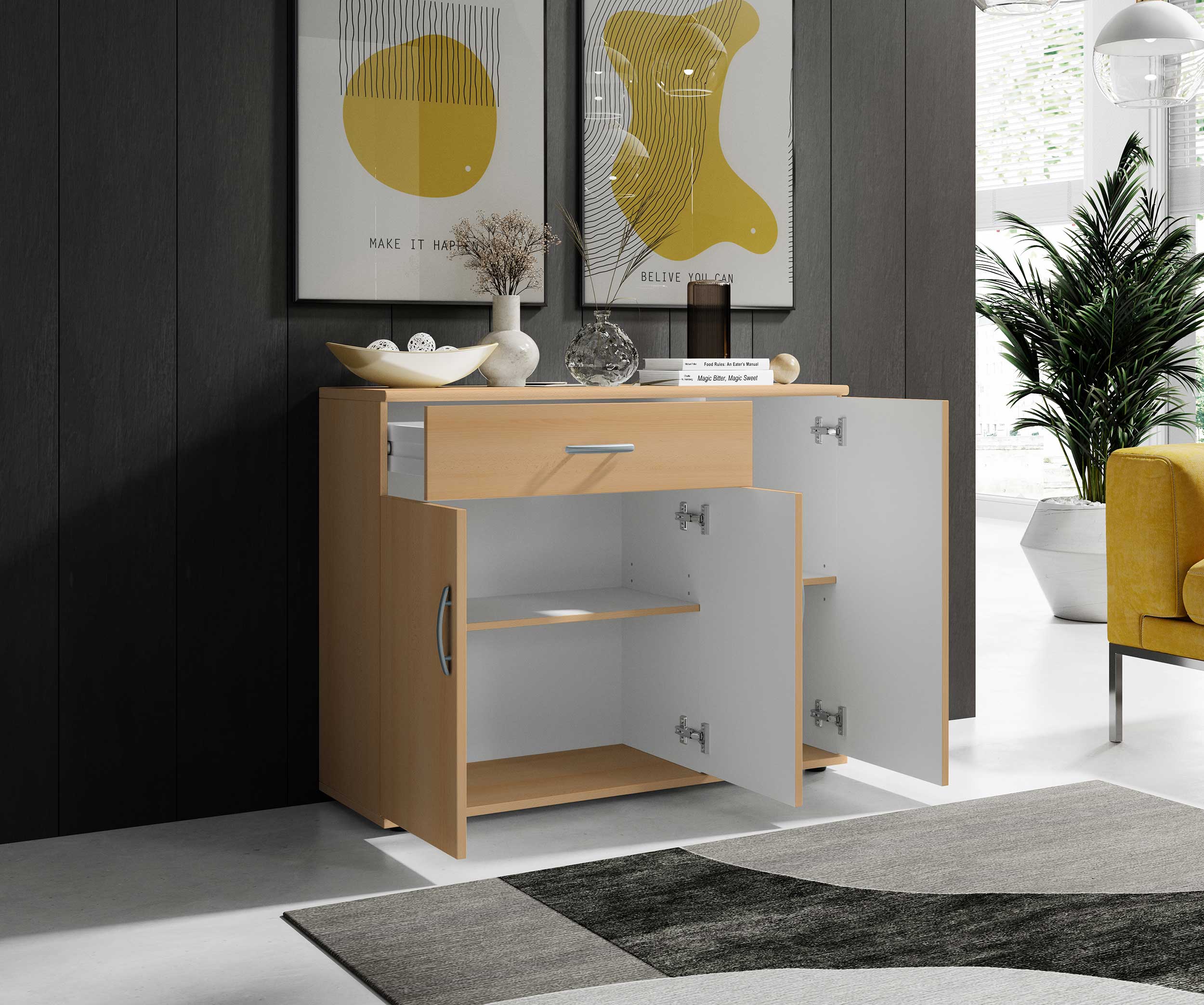 Commode Viviane 90cm avec 3 portes & 1 tiroir - hêtre - Image 5