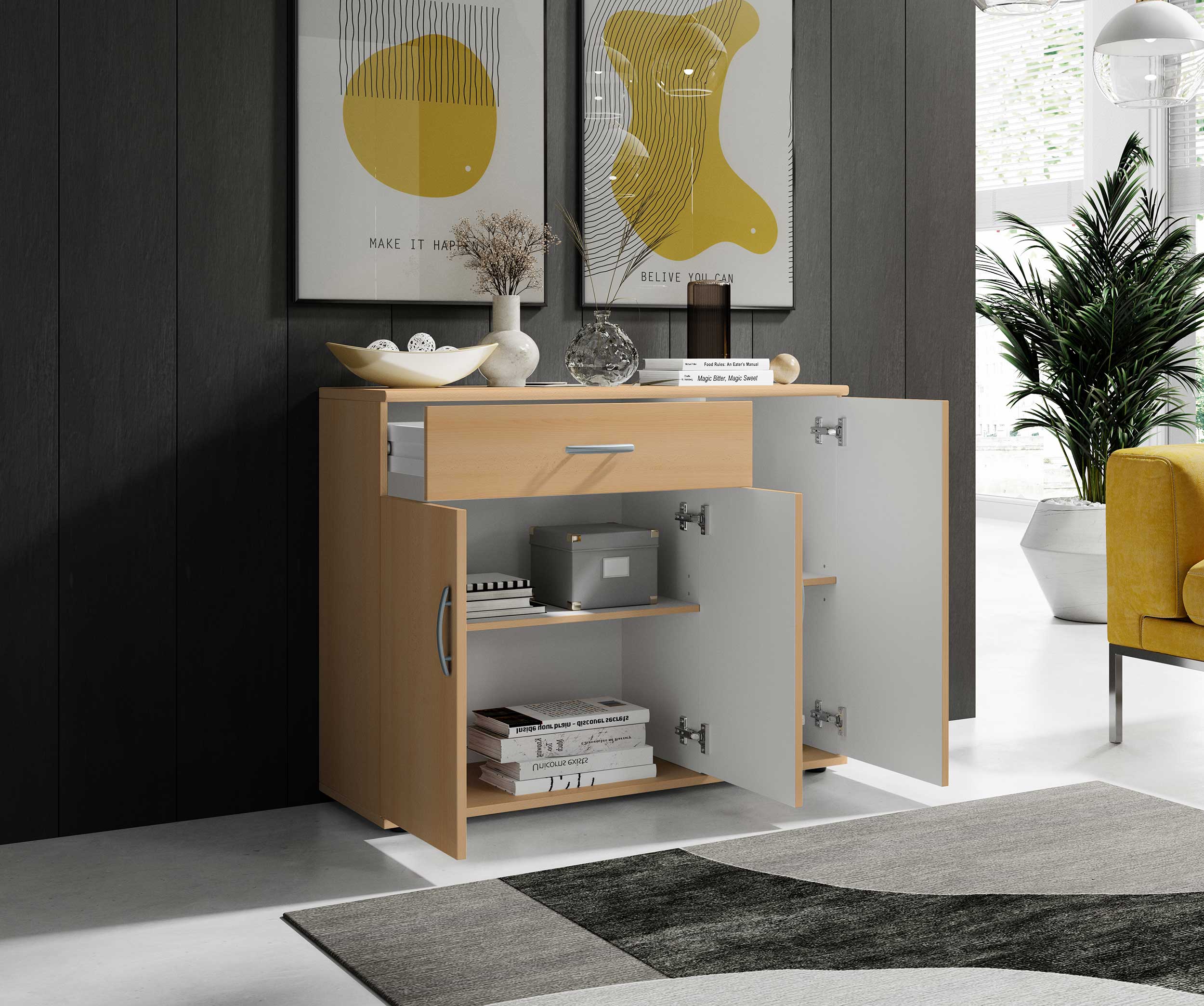 Commode Viviane 90cm avec 3 portes & 1 tiroir - hêtre - Image 6