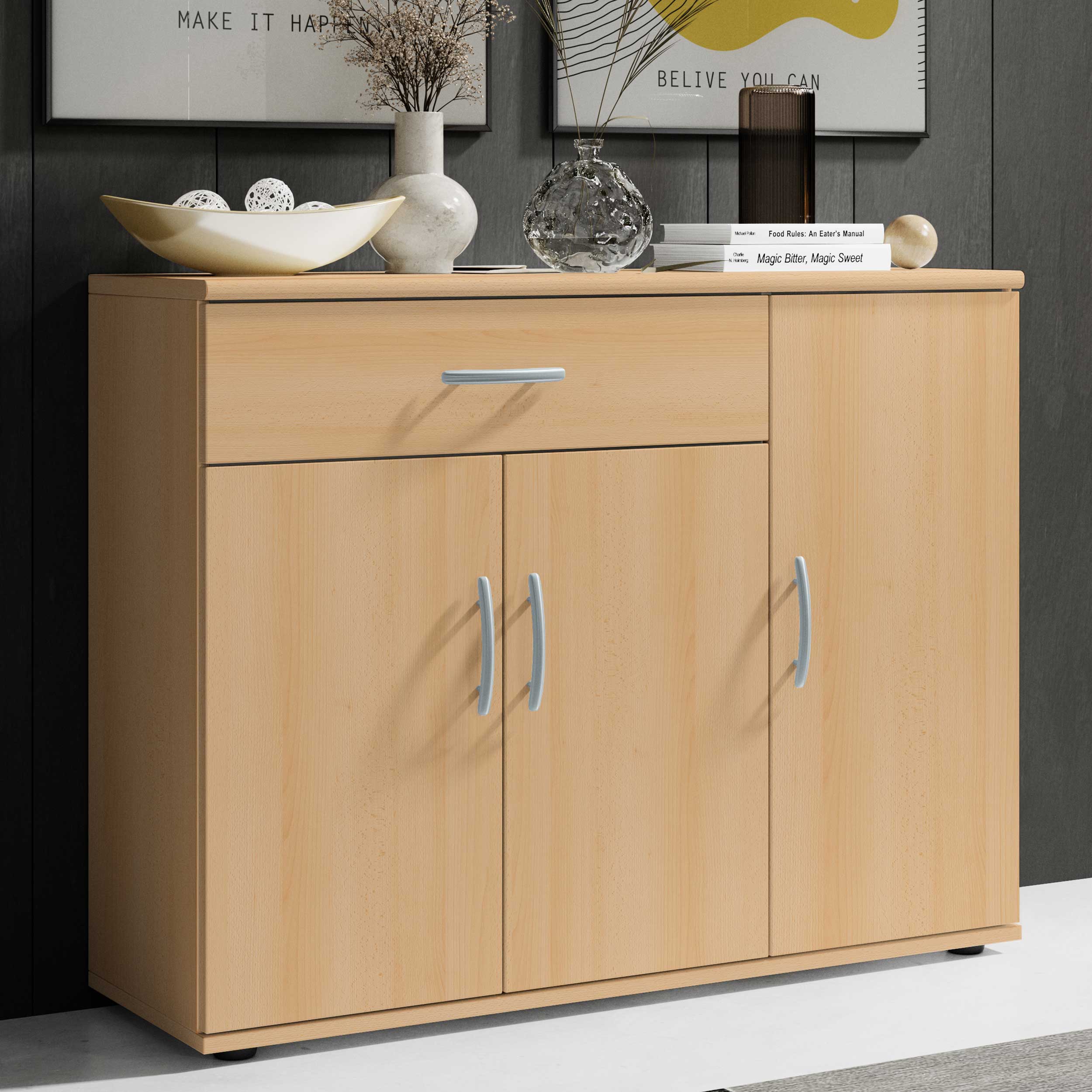 Commode Viviane 90cm avec 3 portes & 1 tiroir - hêtre