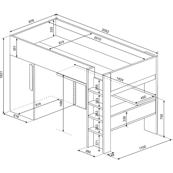 Dormeur haut Bo9 90x200 cm avec bureau et armoire - bleu - Image 2