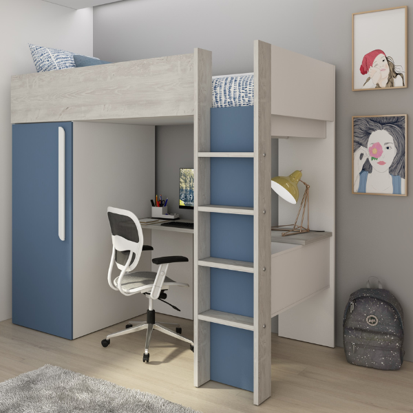 Dormeur haut Bo9 90x200 cm avec bureau et armoire - bleu - Image 3
