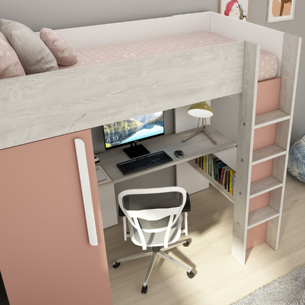 Dormeur haut Bo9 90x200 cm avec bureau et armoire - vieux rose - Image 5
