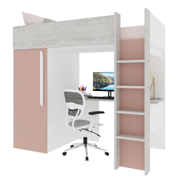 Dormeur haut Bo9 90x200 cm avec bureau et armoire - vieux rose - Image 6