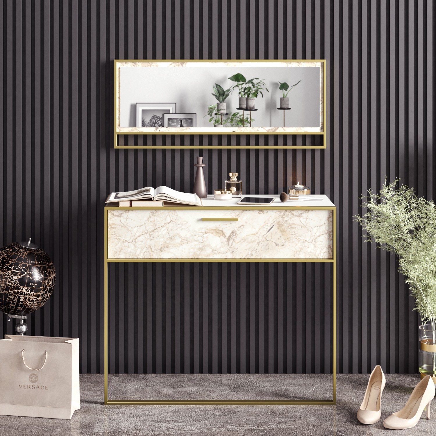 Elegant Cozy Sideboard | 100% Melamine | Metal Legs | Marble Pattern | Gold White - Image 4