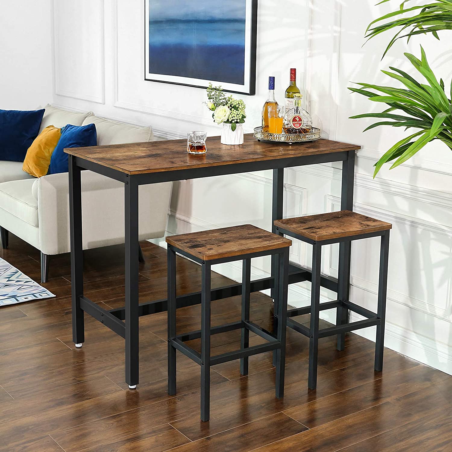 Ensembe table et 2 tabourets de bar Isolde 120x60 - brun/noir - Image 7