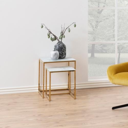 Ensemble de 2 tables d'appoint rondes Anika - marbre blanc/ doré