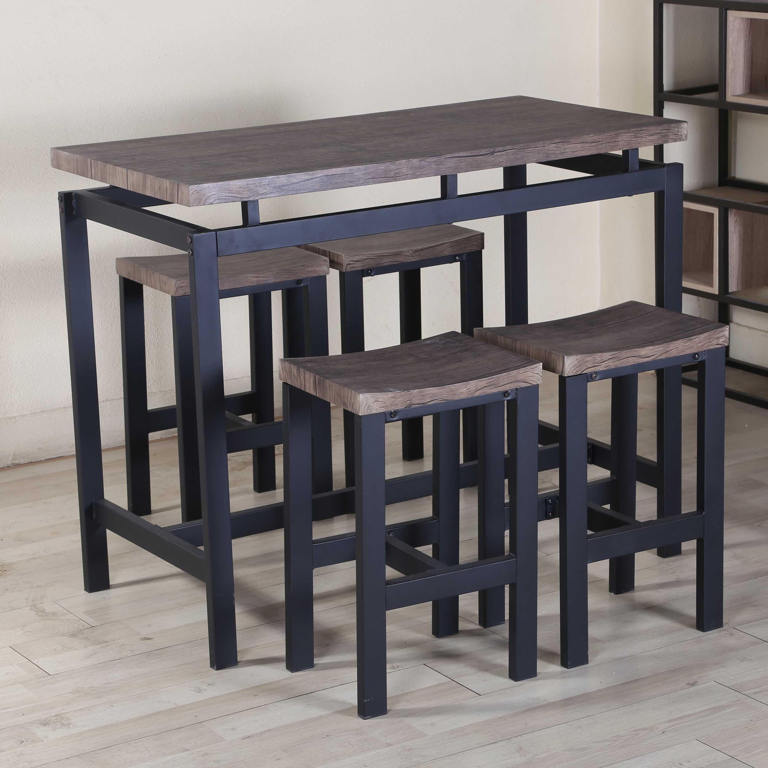 Ensemble de bar Mesin 120x60 avec 4 tabourets - brun/noir