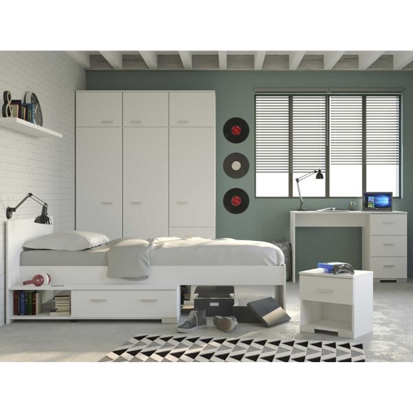 Ensemble de chambre d'enfant Galaxy | Lit simple, bureau, armoire, table de chevet | Blanc