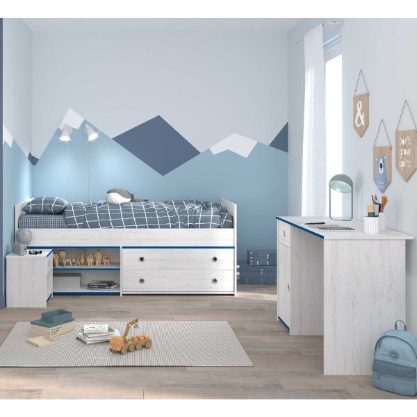 Ensemble de chambre d'enfant Smoozy | Lit cabane, bureau et table de chevet | Blanc