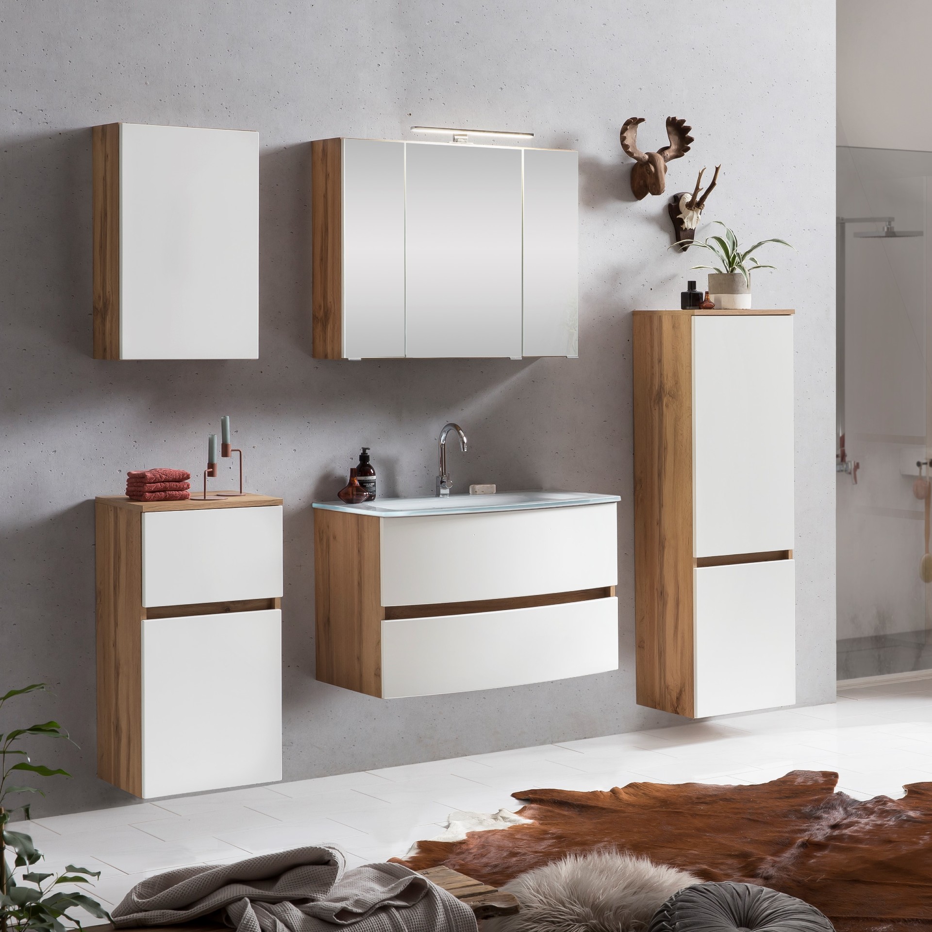 Ensemble de salle de bains Kornel 11 à 5 pièces avec vasque blanche - chêne/blanc mat - Image 1