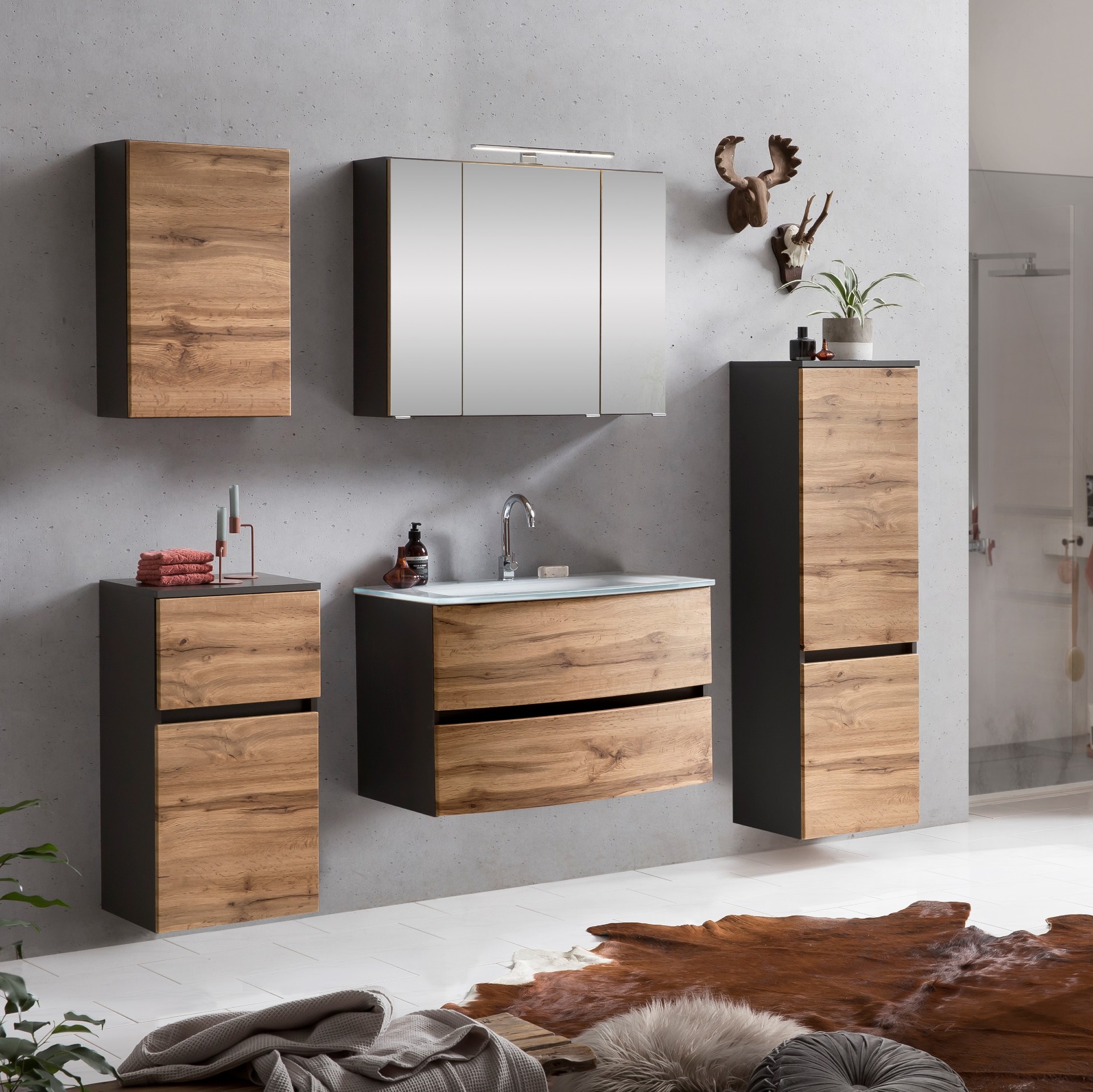 Ensemble de salle de bains Kornel 11 à 5 pièces avec vasque blanche - gris graphite/chêne - Image 1