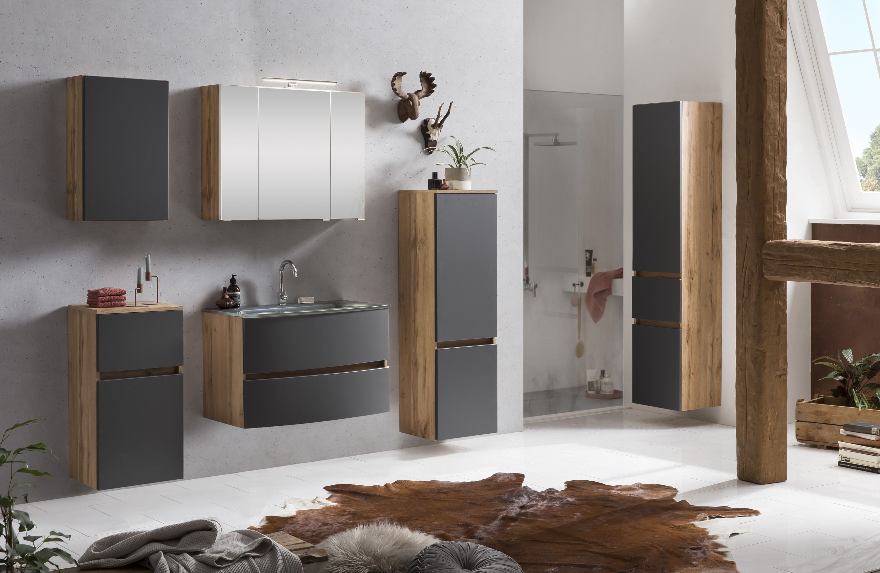 Ensemble de salle de bains Kornel 12 à 5 pièces avec vasque blanche - chêne/gris mat - Image 2