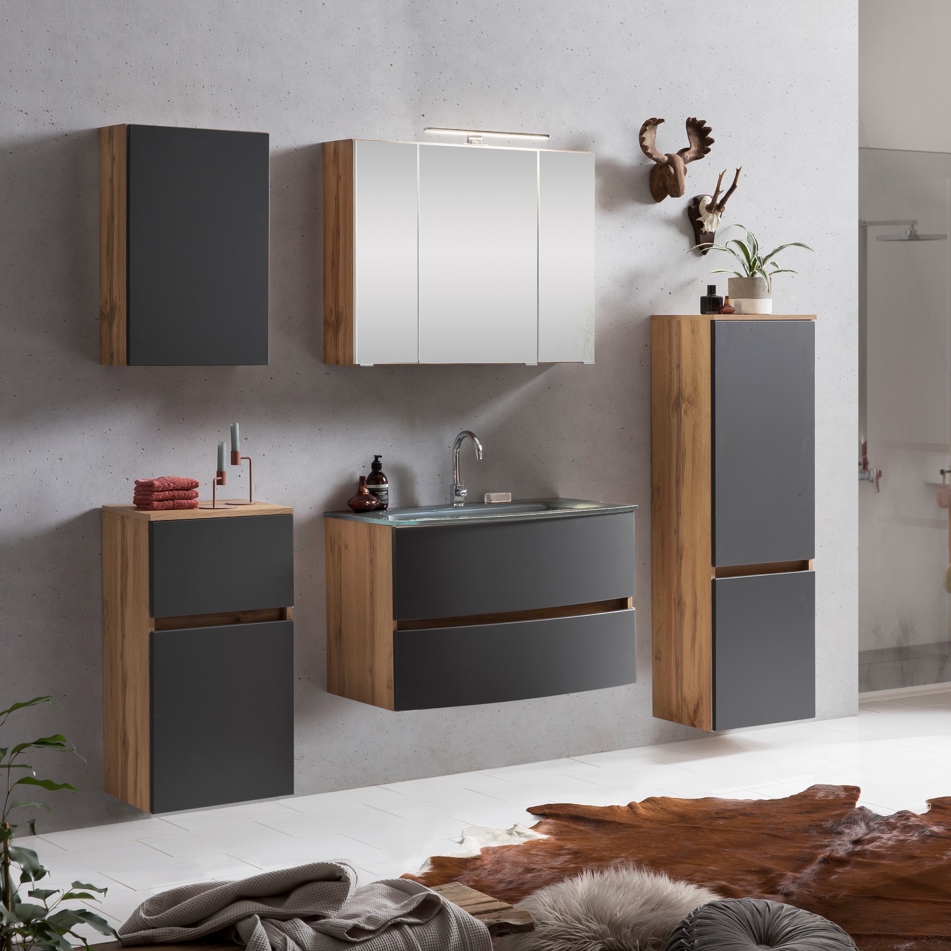 Ensemble de salle de bains Kornel 12 à 5 pièces avec vasque blanche - chêne/gris mat - Image 1