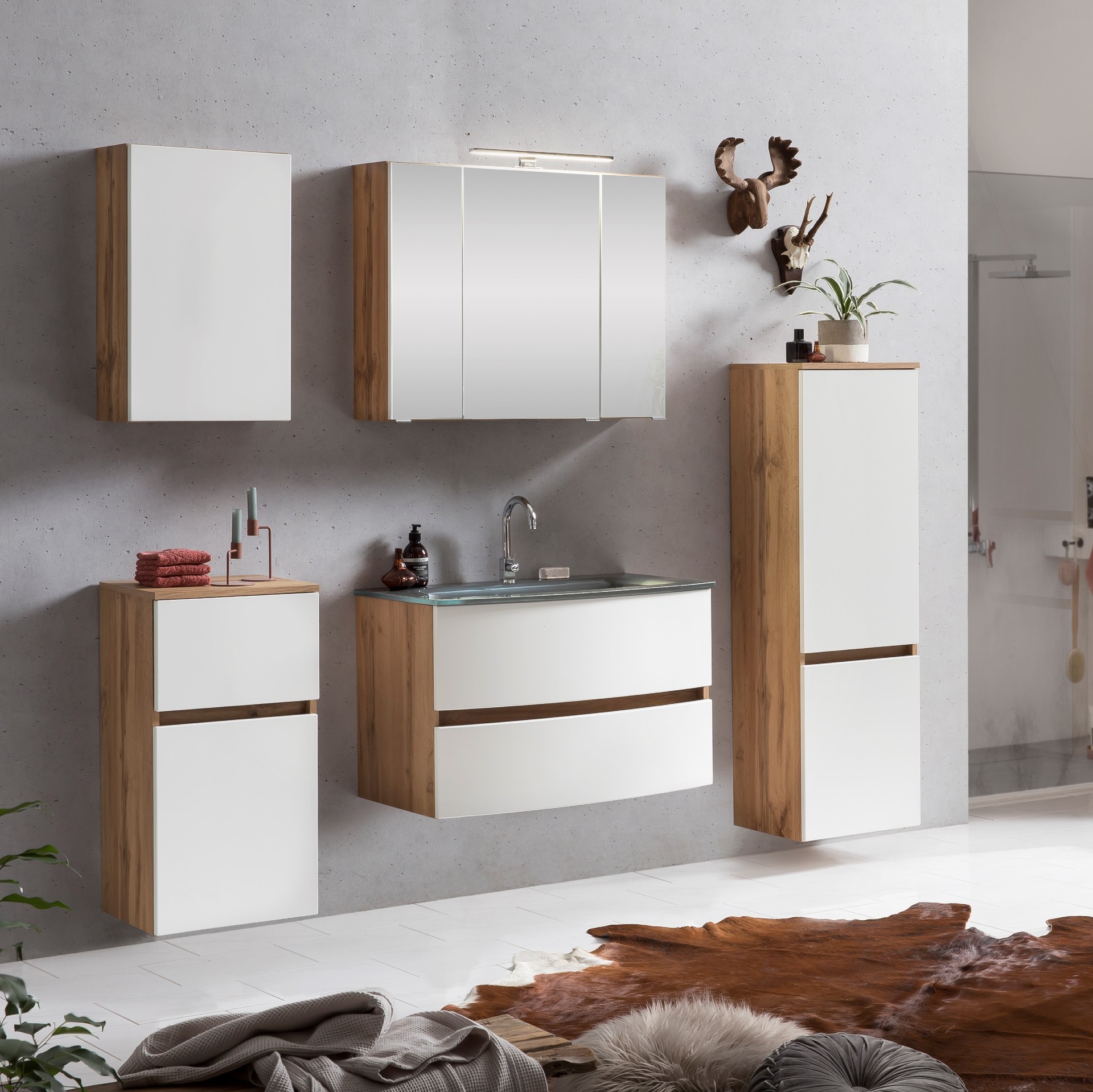 Ensemble de salle de bains Kornel 12 à 5 pièces avec vasque grise - chêne/blanc mat - Image 1