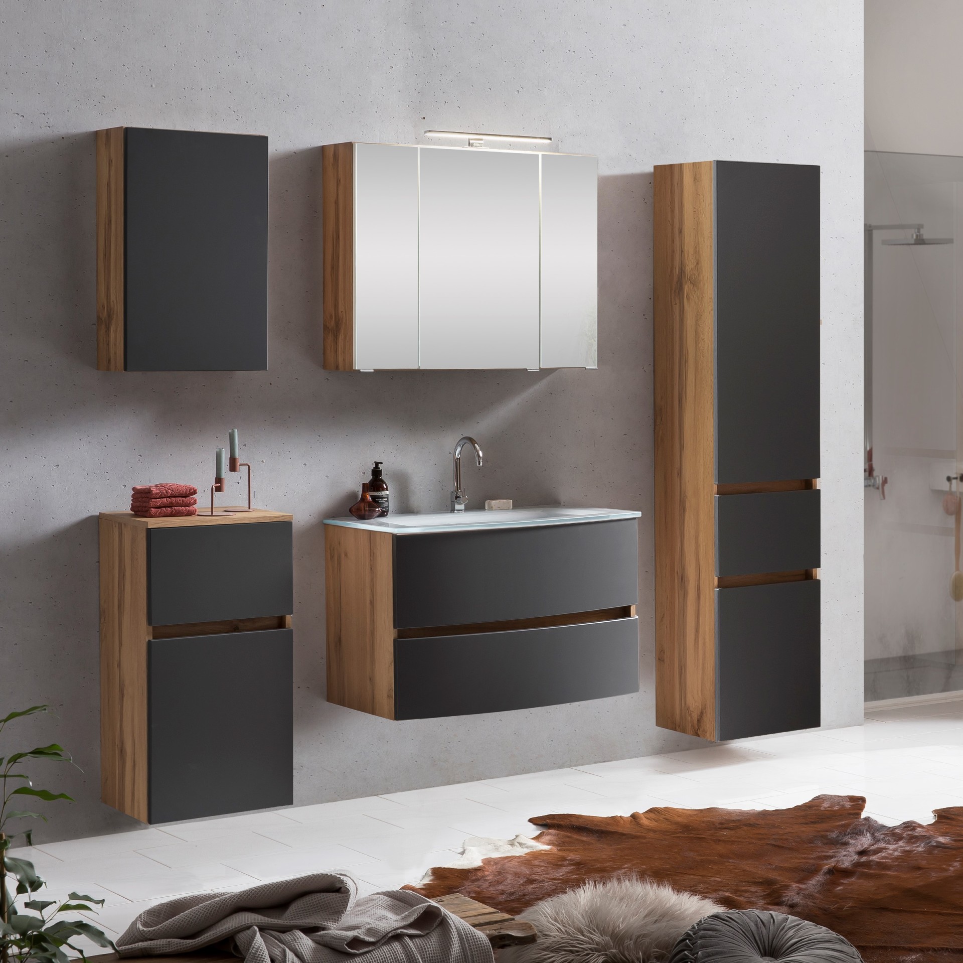 Ensemble de salle de bains Kornel 13 à 5 pièces avec vasque blanche - chêne/gris mat - Image 1