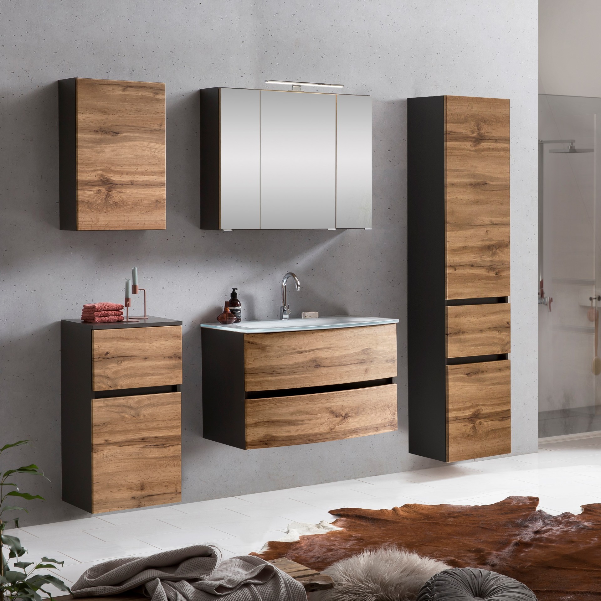 Ensemble de salle de bains Kornel 13 à 5 pièces avec vasque blanche - gris graphite/chêne