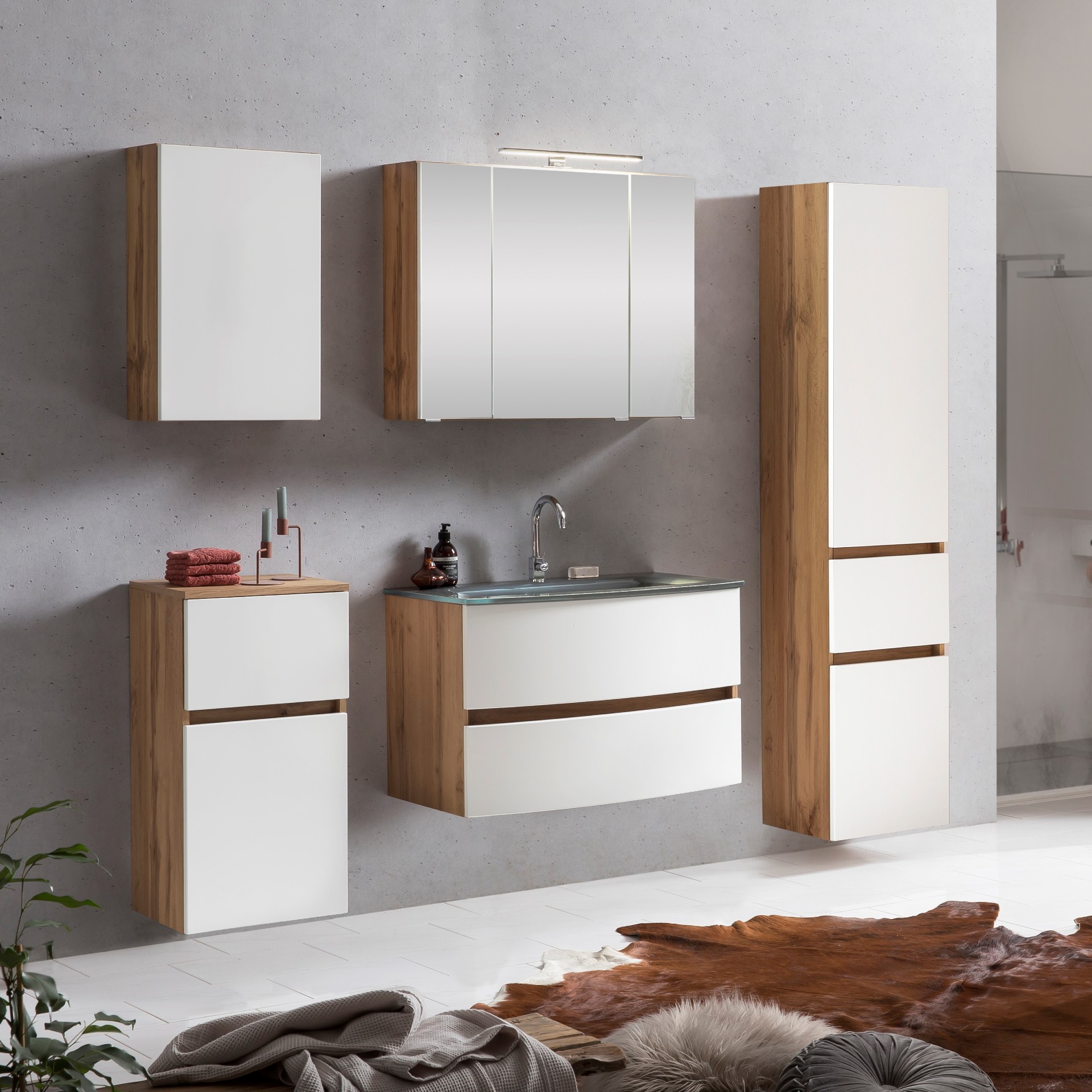 Ensemble de salle de bains Kornel 14 à 5 pièces avec vasque grise - chêne/blanc mat - Image 1