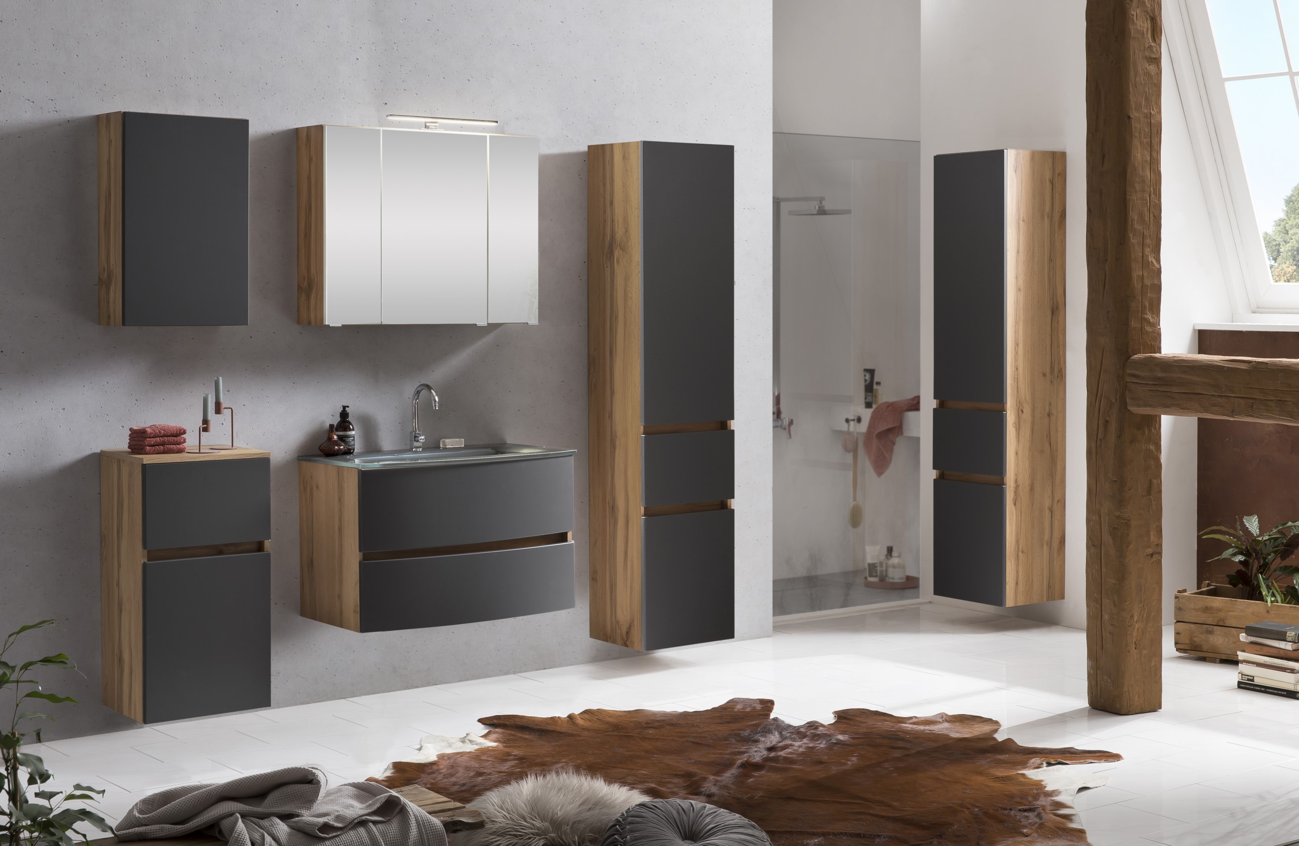 Ensemble de salle de bains Kornel 14 à 5 pièces avec vasque grise - chêne/gris mat