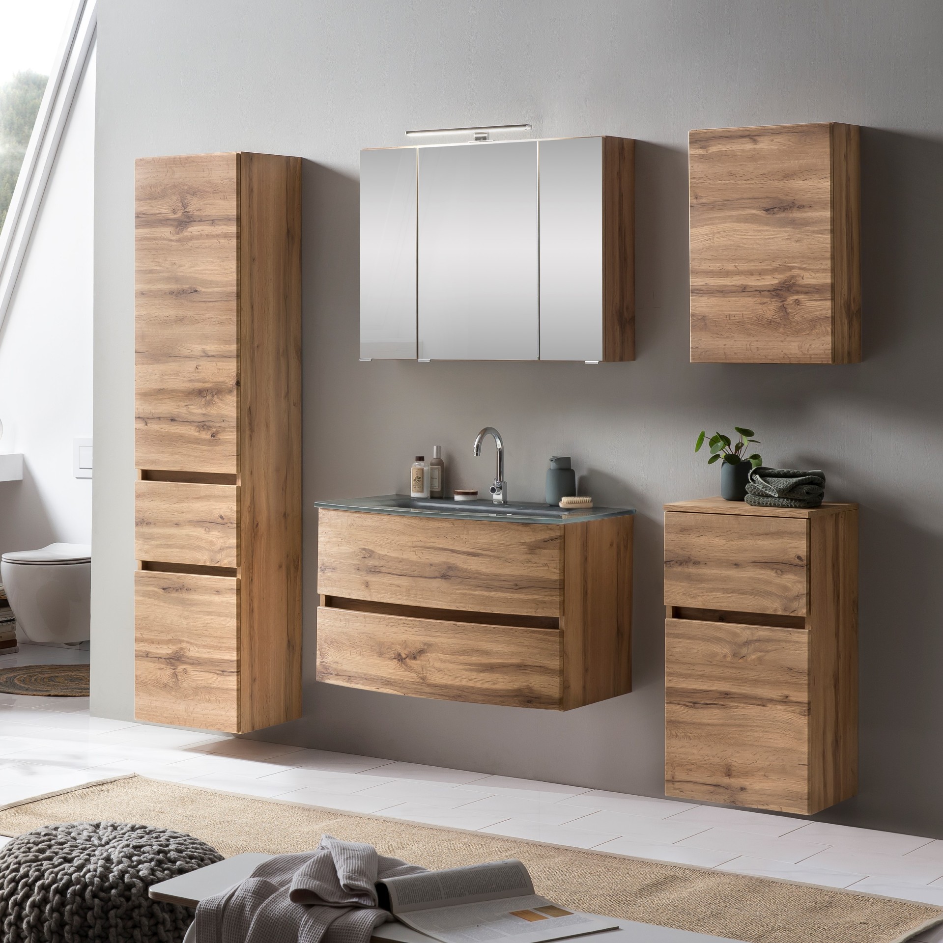 Ensemble de salle de bains Kornel 14 à 5 pièces avec vasque grise - chêne