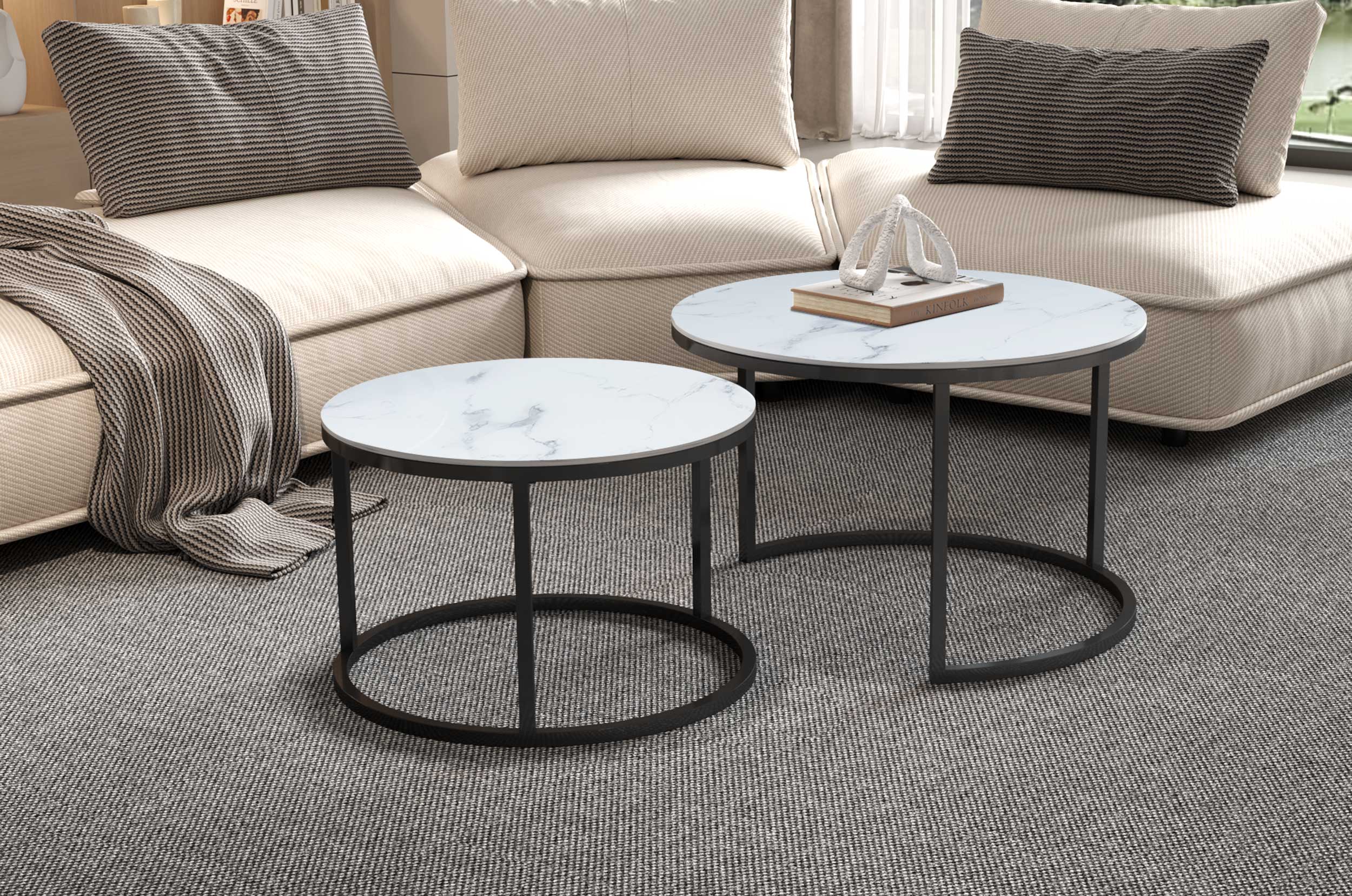 Ensemble de tables basses Boston Ø80 et Ø60cm - marbre blanc - Image 6