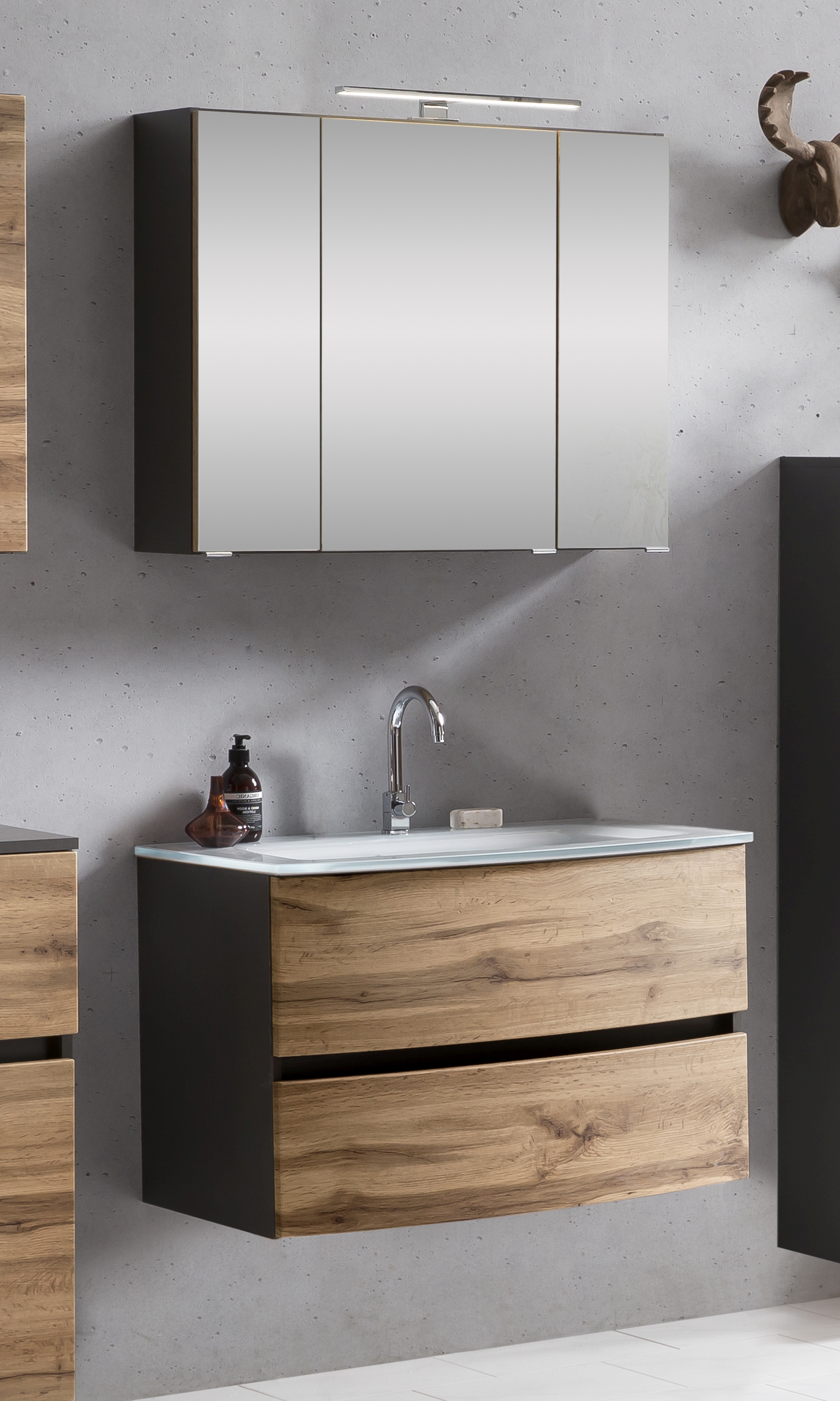 Ensemble salle de bains Kornel 1 à 2 pièces avec vasque blanche - gris graphite/chêne