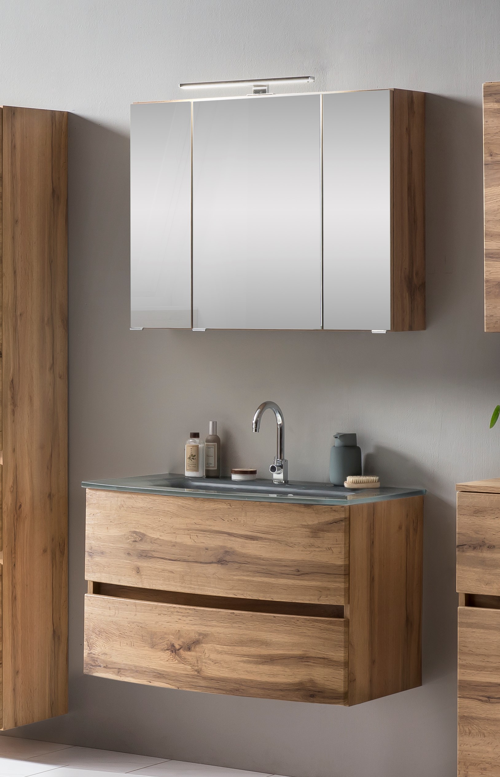 Ensemble salle de bains Kornel 1 à 2 pièces avec vasque grise - chêne