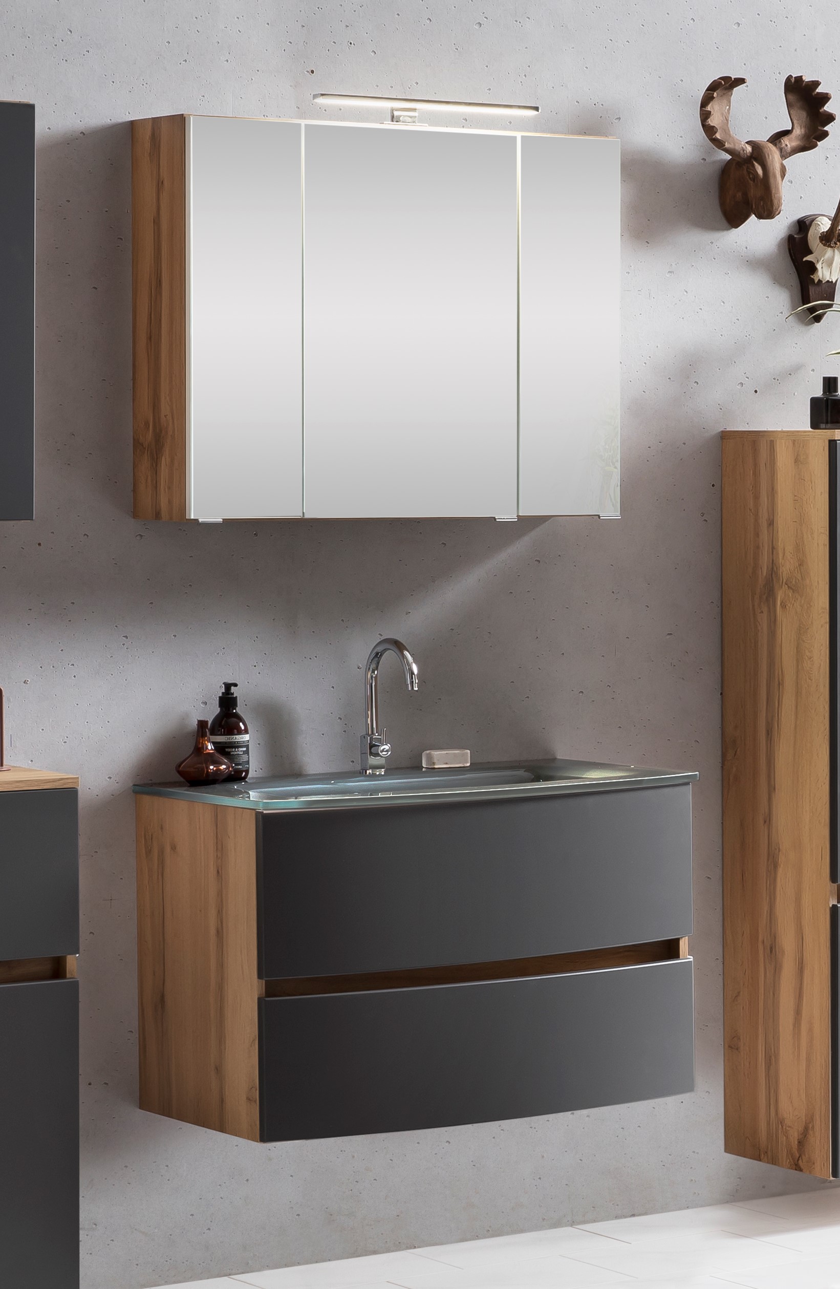 Ensemble salle de bains Kornel 1 à 2 pièces avec vasque grise - chêne/gris