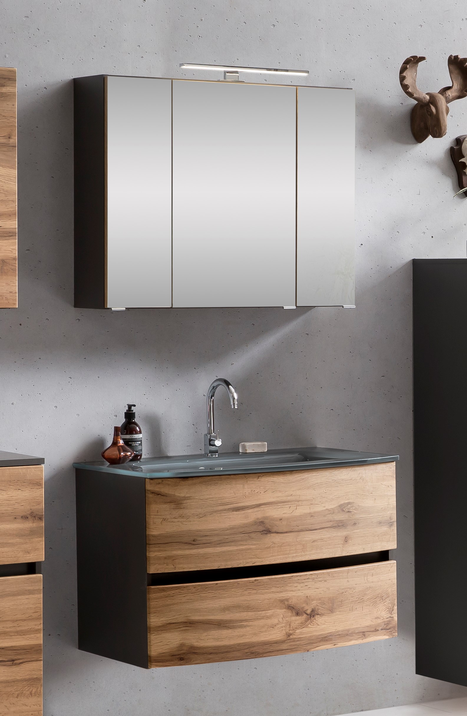 Ensemble salle de bains Kornel 1 à 2 pièces avec vasque grise - gris graphite/chêne - Image 1