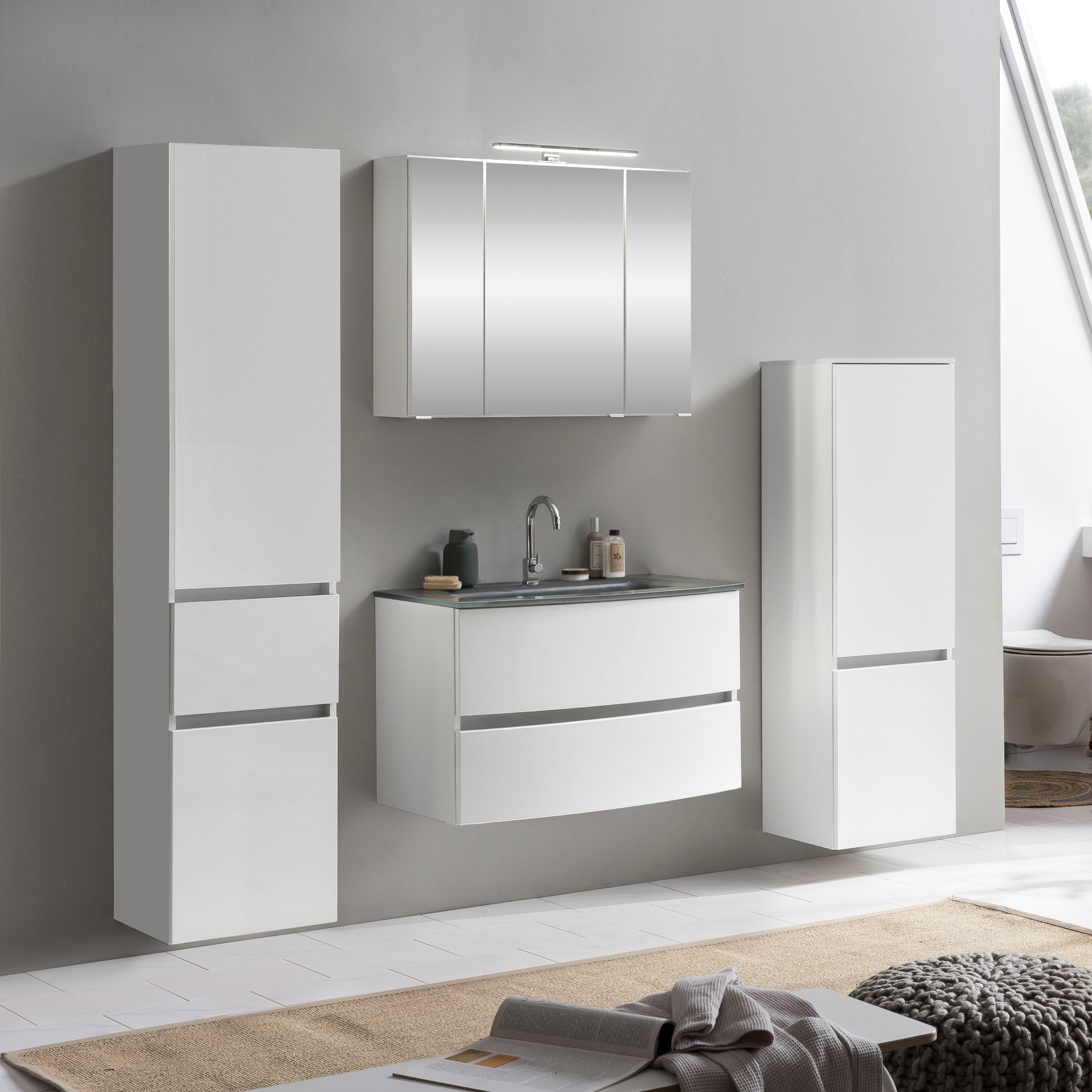 Ensemble salle de bains Kornel 10 à 4 pièces avec vasque grise - blanc