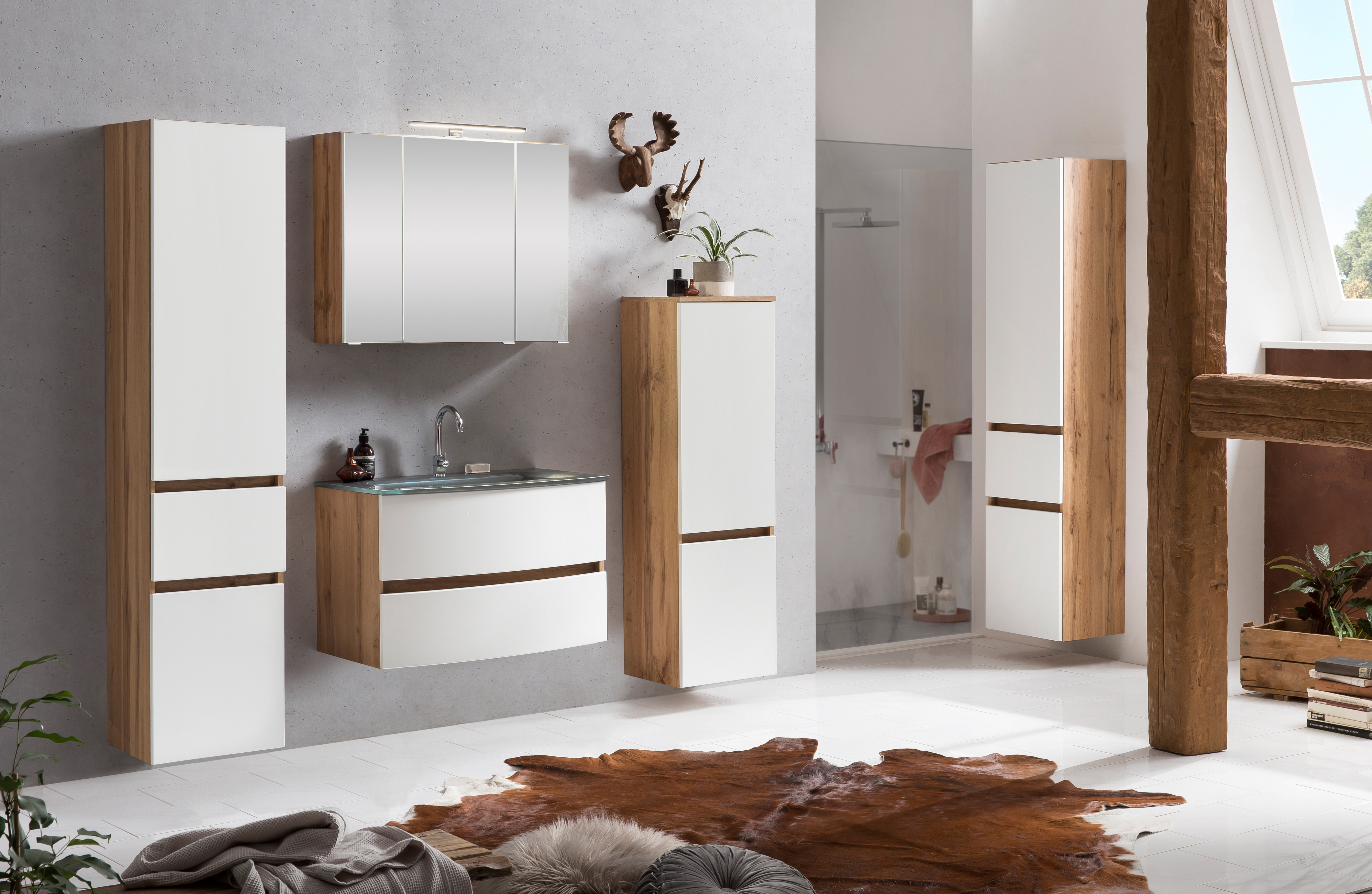 Ensemble salle de bains Kornel 10 à 4 pièces avec vasque grise - chêne/blanc mat - Image 4