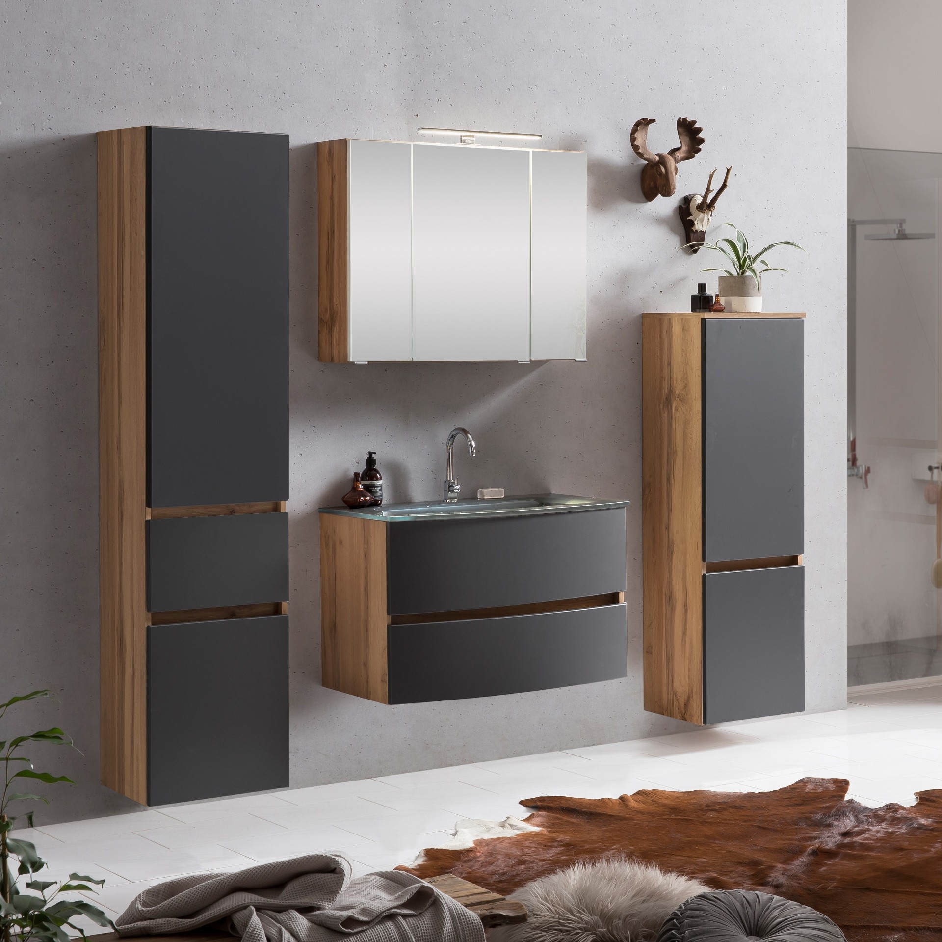Ensemble salle de bains Kornel 10 à 4 pièces avec vasque grise - chêne/gris mat - Image 1