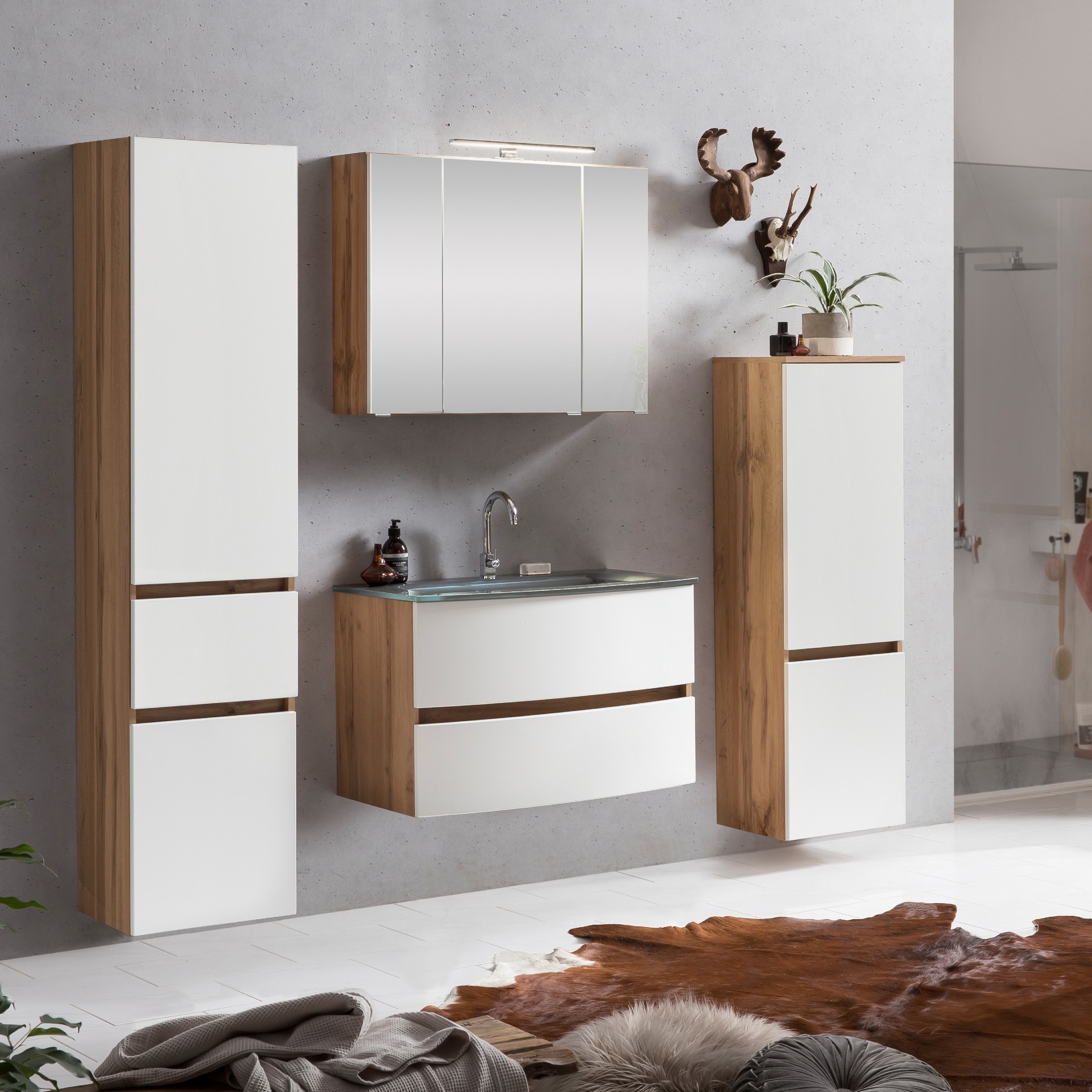 Ensemble salle de bains Kornel 10 à 4 pièces avec vasque grise - chêne/blanc mat