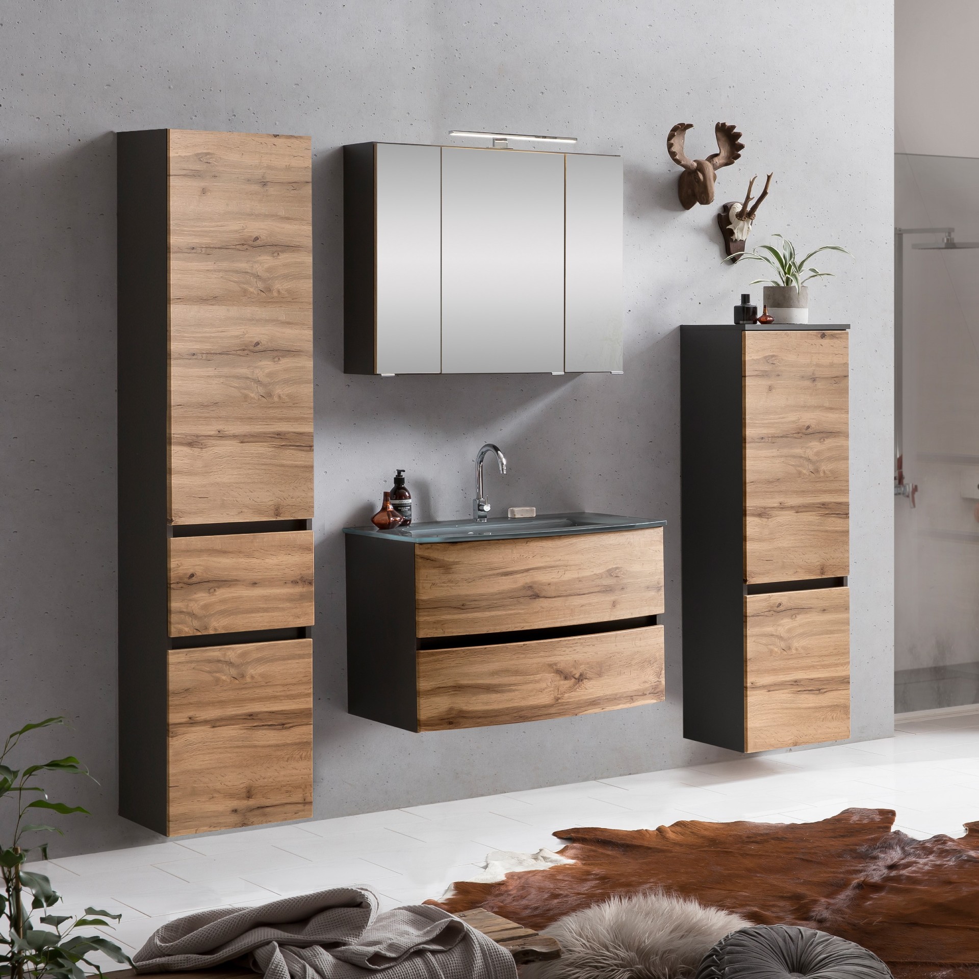 Ensemble salle de bains Kornel 10 à 4 pièces avec vasque grise - gris graphite/chêne - Image 1