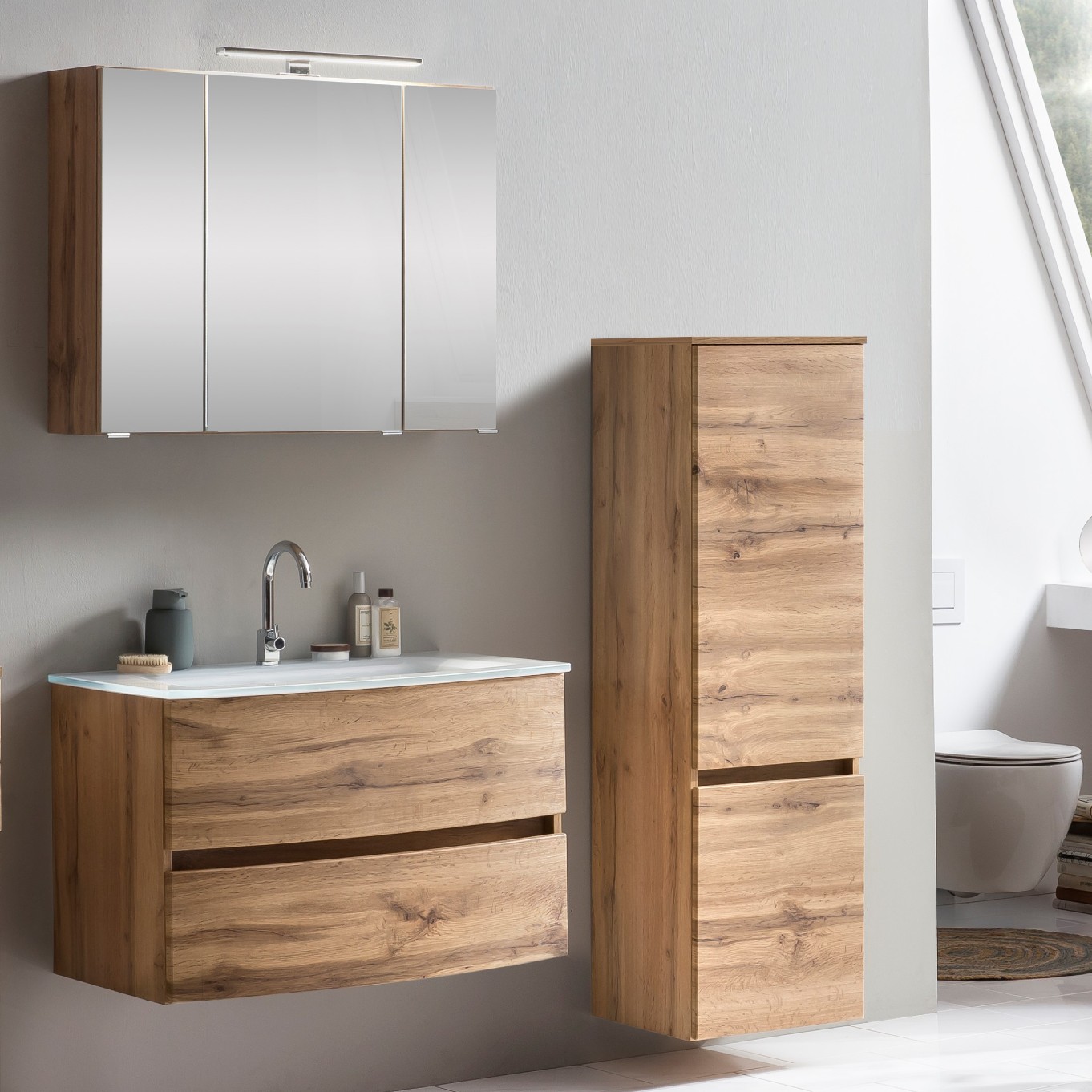 Ensemble salle de bains Kornel 3 à 3 pièces avec vasque blanche - chêne