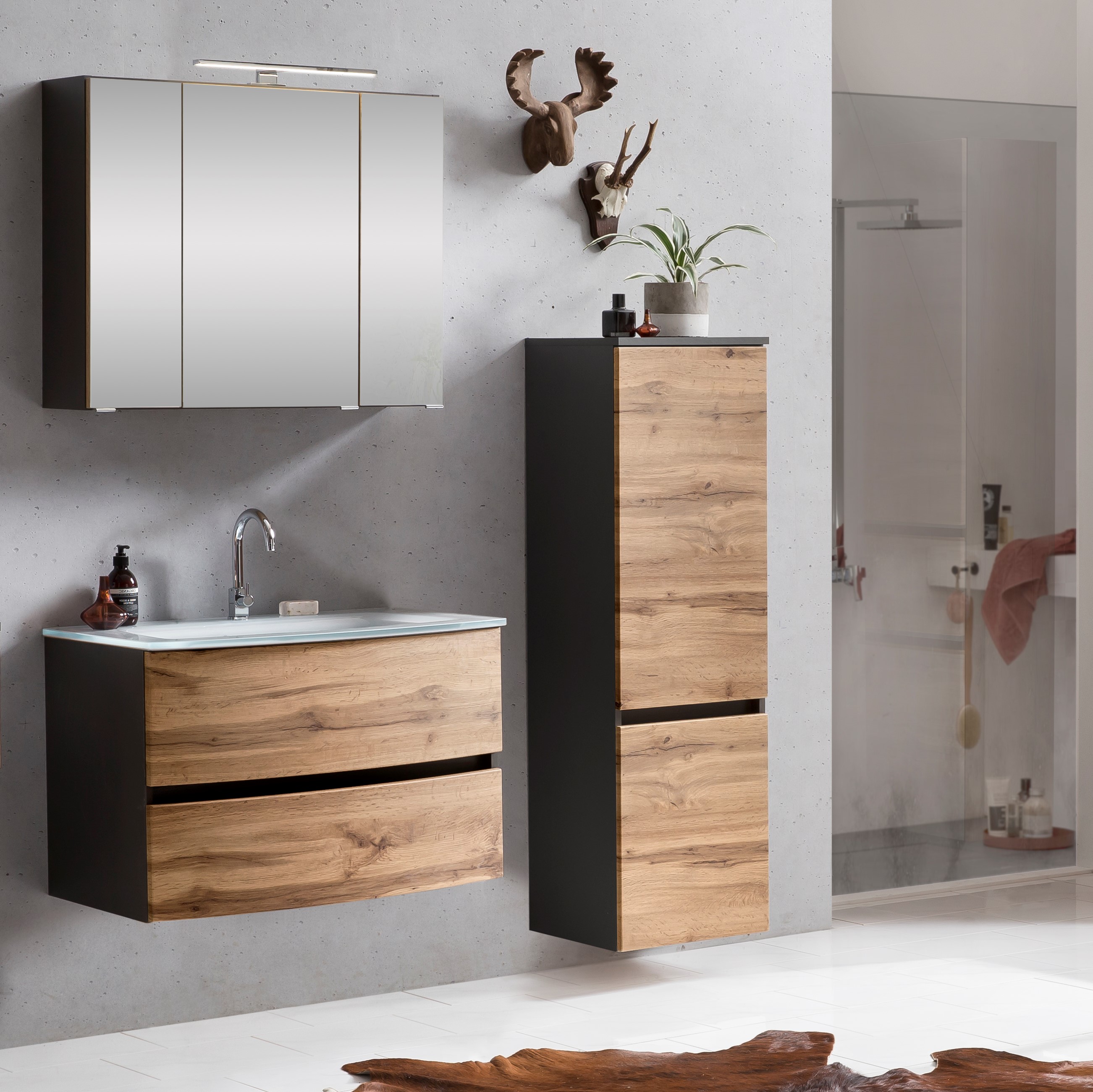 Ensemble salle de bains Kornel 3 à 3 pièces avec vasque blanche - gris graphite/chêne