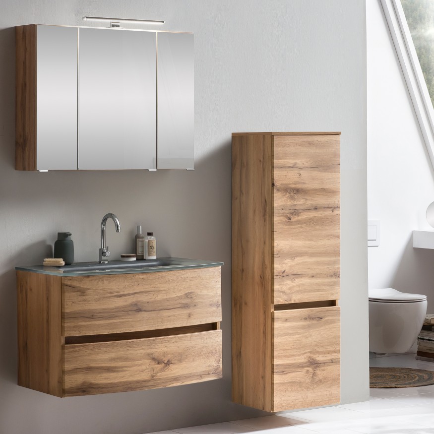 Ensemble salle de bains Kornel 4 à 3 pièces avec vasque grise - chêne