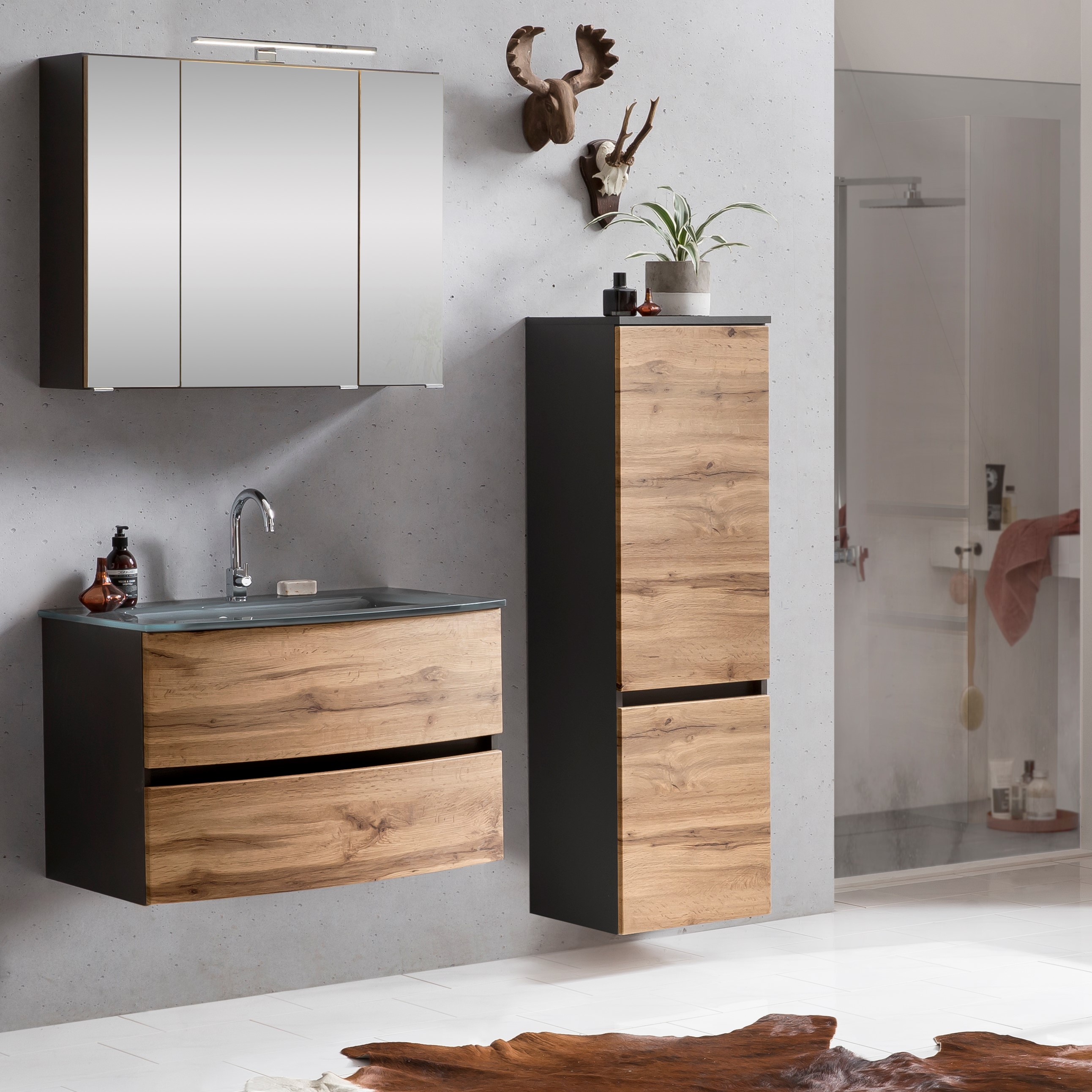 Ensemble salle de bains Kornel 4 à 3 pièces avec vasque grise - gris graphite/chêne - Image 1