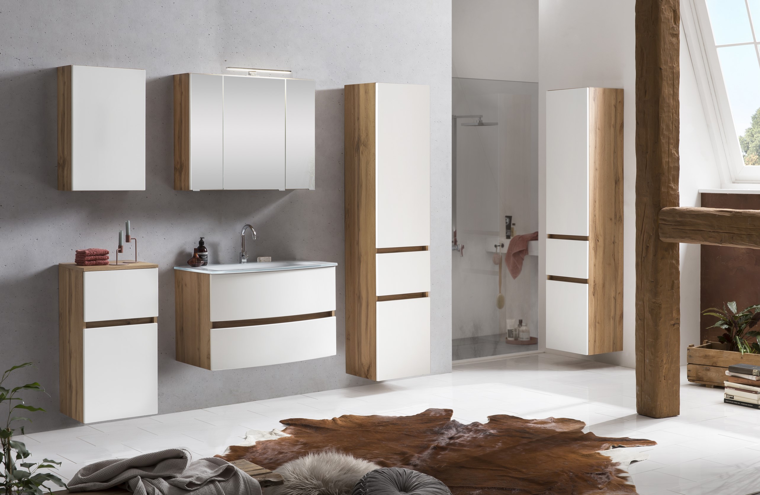 Ensemble salle de bains Kornel 5 à 3 pièces avec vasque blanche - chêne/blanc mat - Image 2