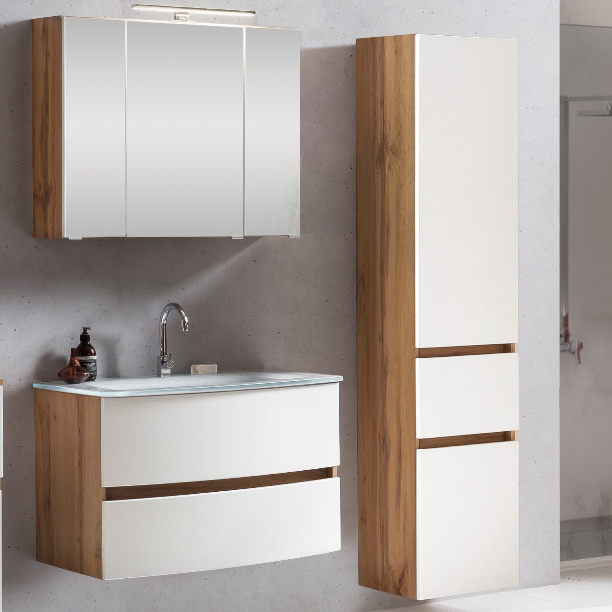 Ensemble salle de bains Kornel 5 à 3 pièces avec vasque blanche - chêne/blanc mat - Image 1