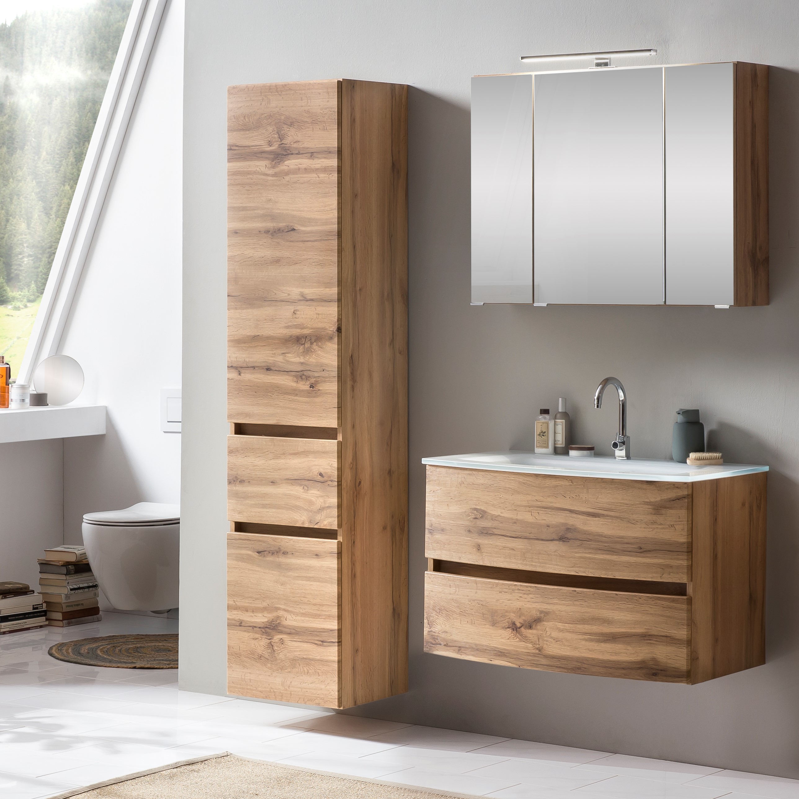 Ensemble salle de bains Kornel 5 à 3 pièces avec vasque blanche - chêne