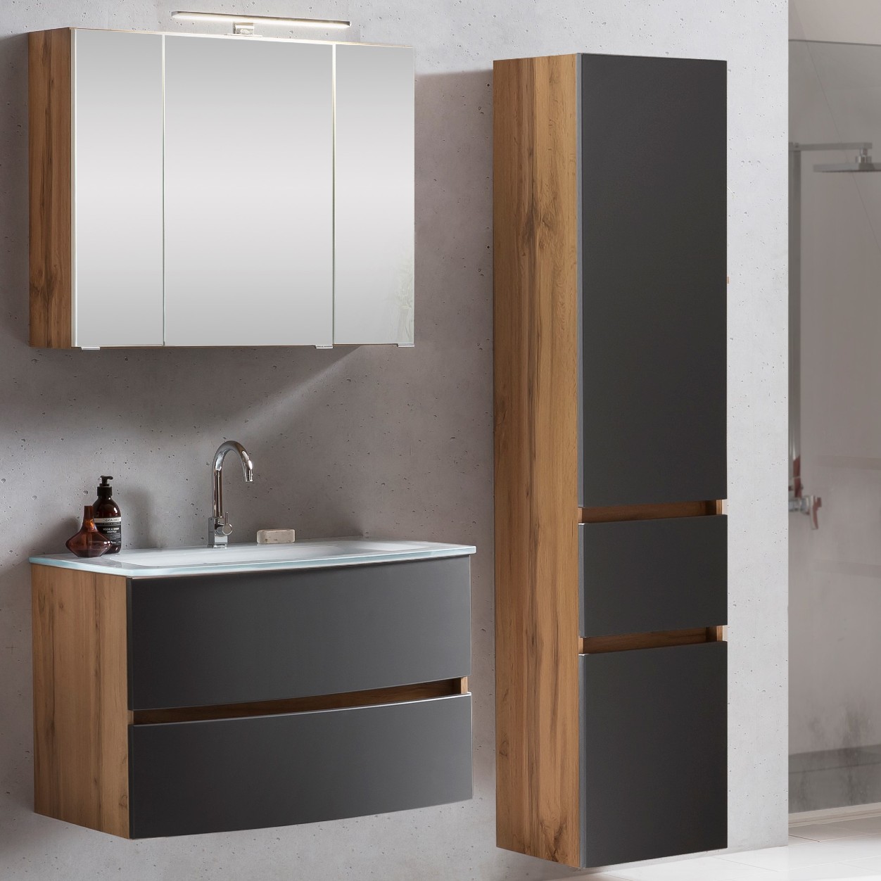 Ensemble salle de bains Kornel 5 à 3 pièces avec vasque blanche - chêne/gris mat