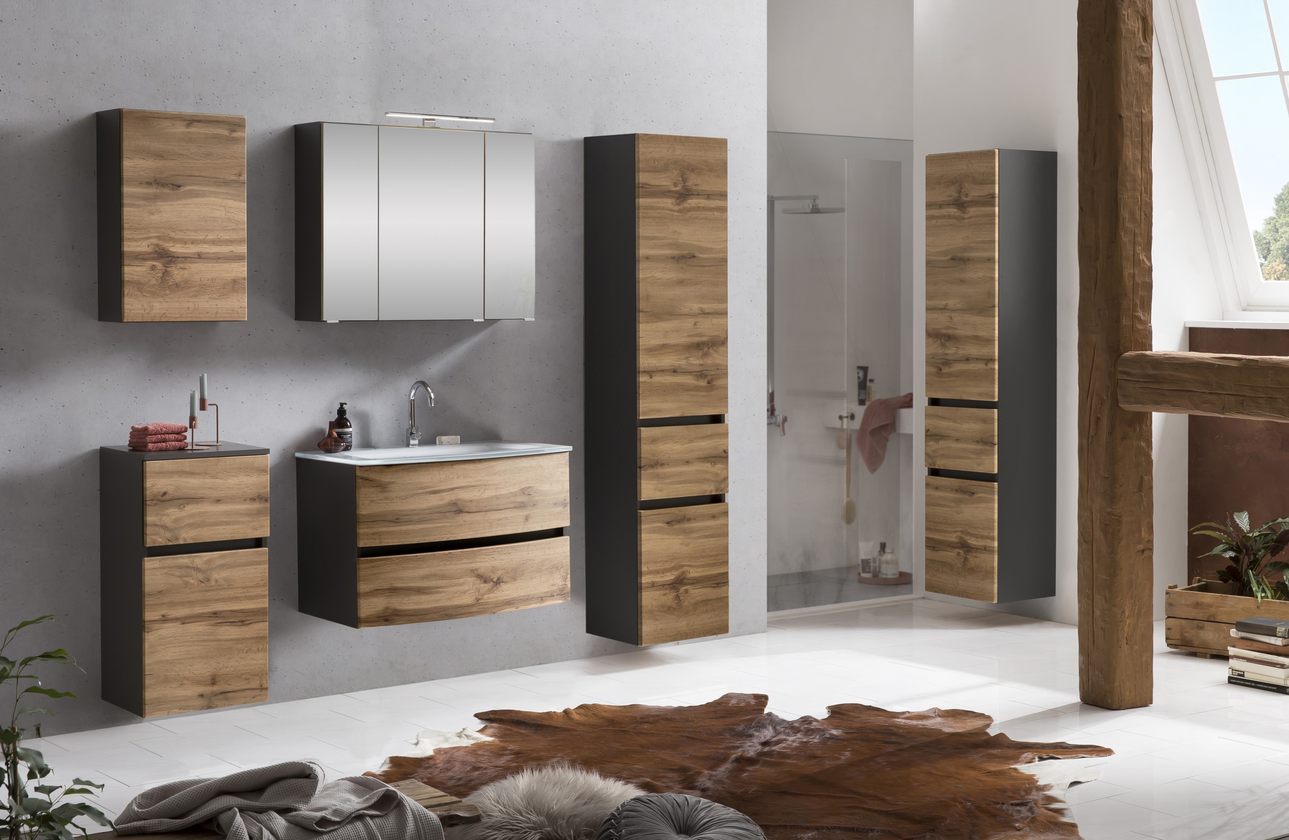 Ensemble salle de bains Kornel 5 à 3 pièces avec vasque blanche - gris graphite/chêne - Image 2