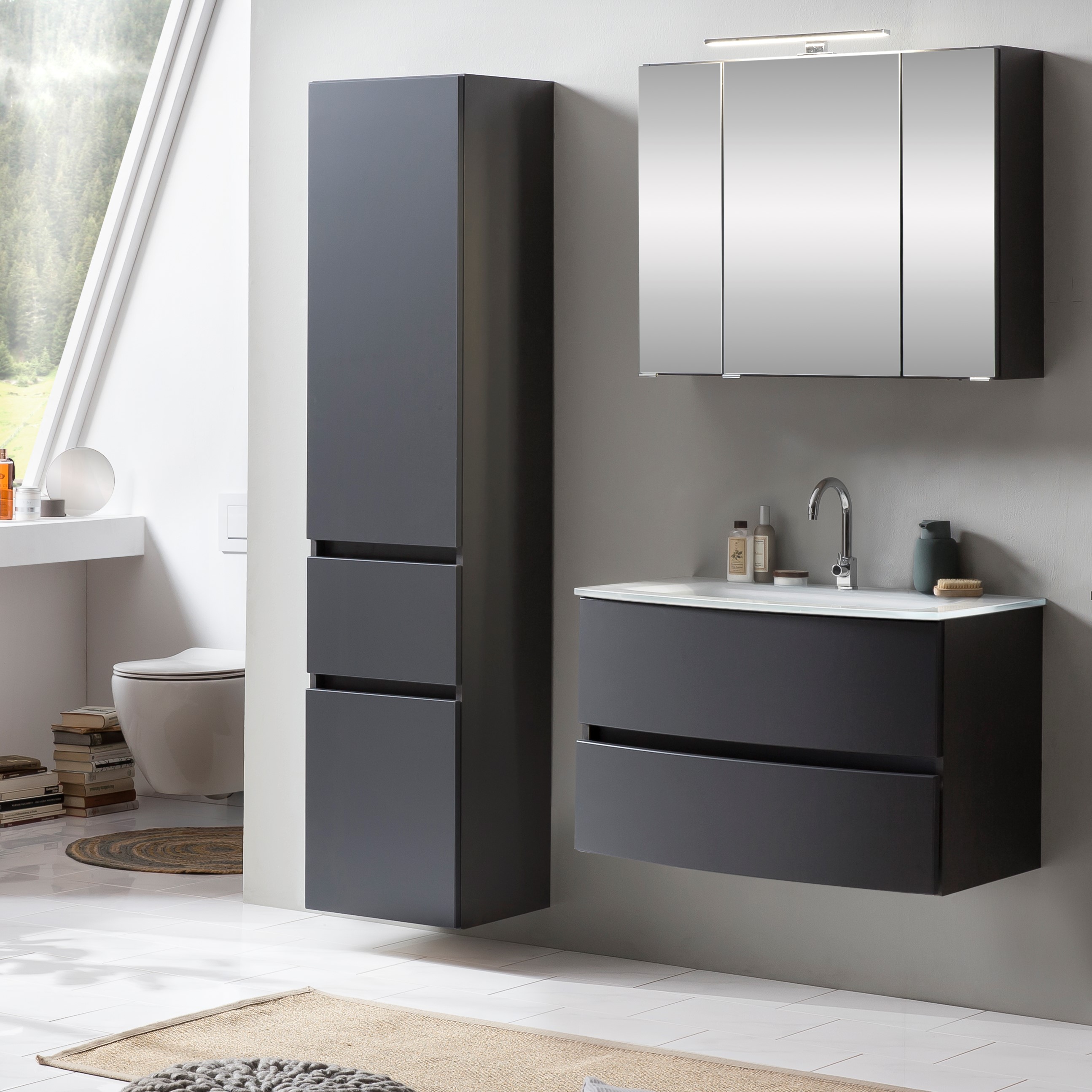 Ensemble salle de bains Kornel 5 à 3 pièces avec vasque blanche - gris graphite