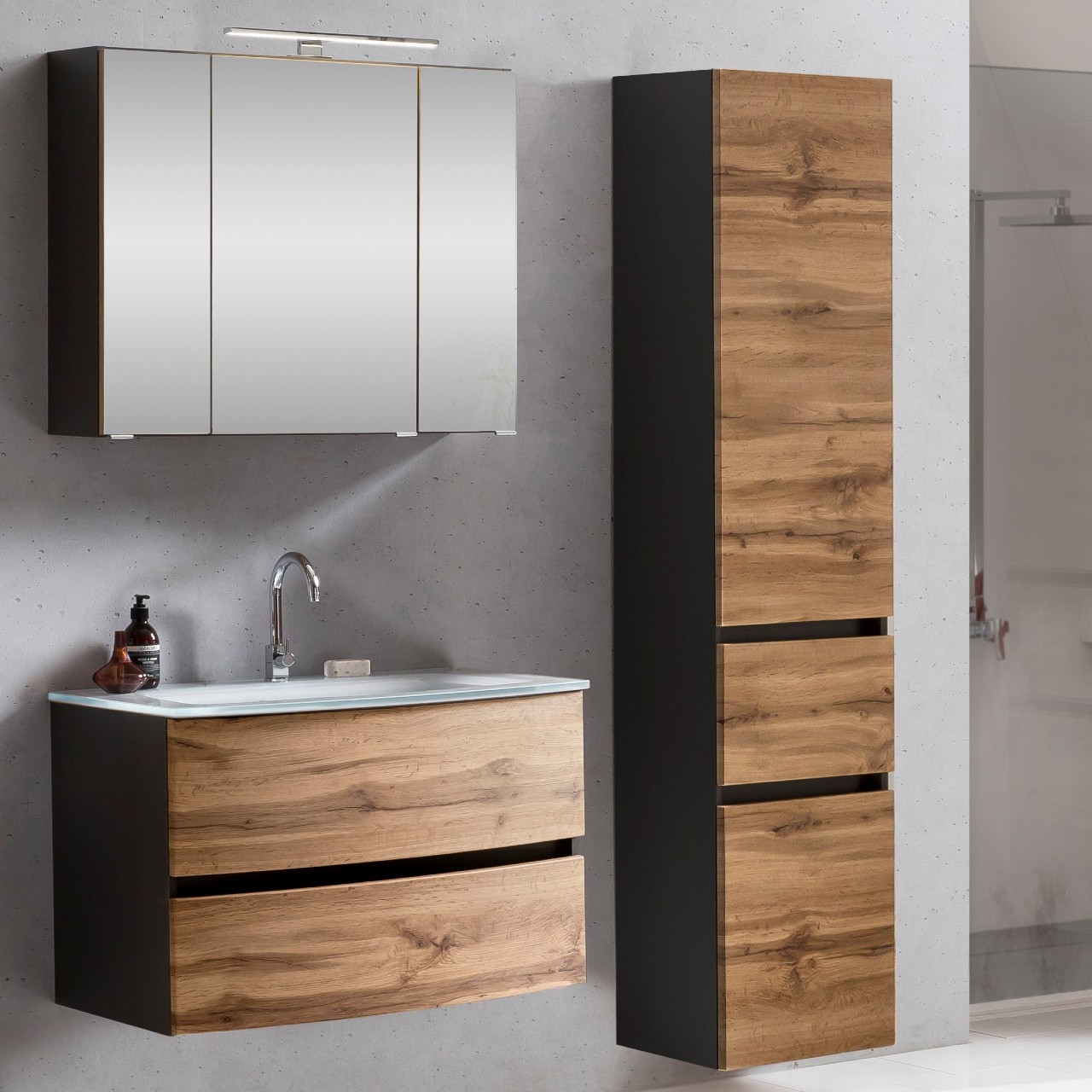 Ensemble salle de bains Kornel 5 à 3 pièces avec vasque blanche - gris graphite/chêne