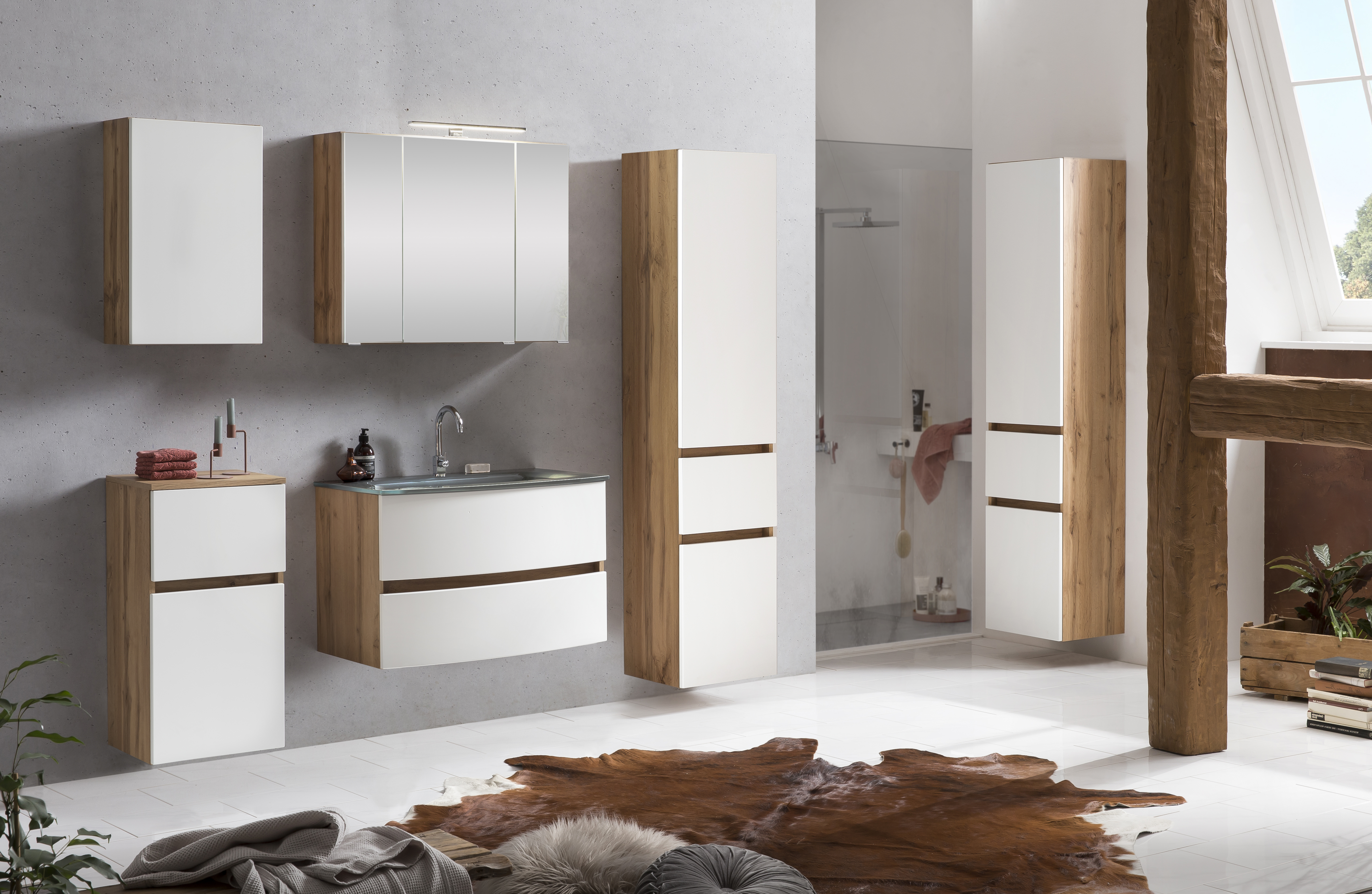 Ensemble salle de bains Kornel 5 à 3 pièces avec vasque grise - chêne/blanc mat - Image 6