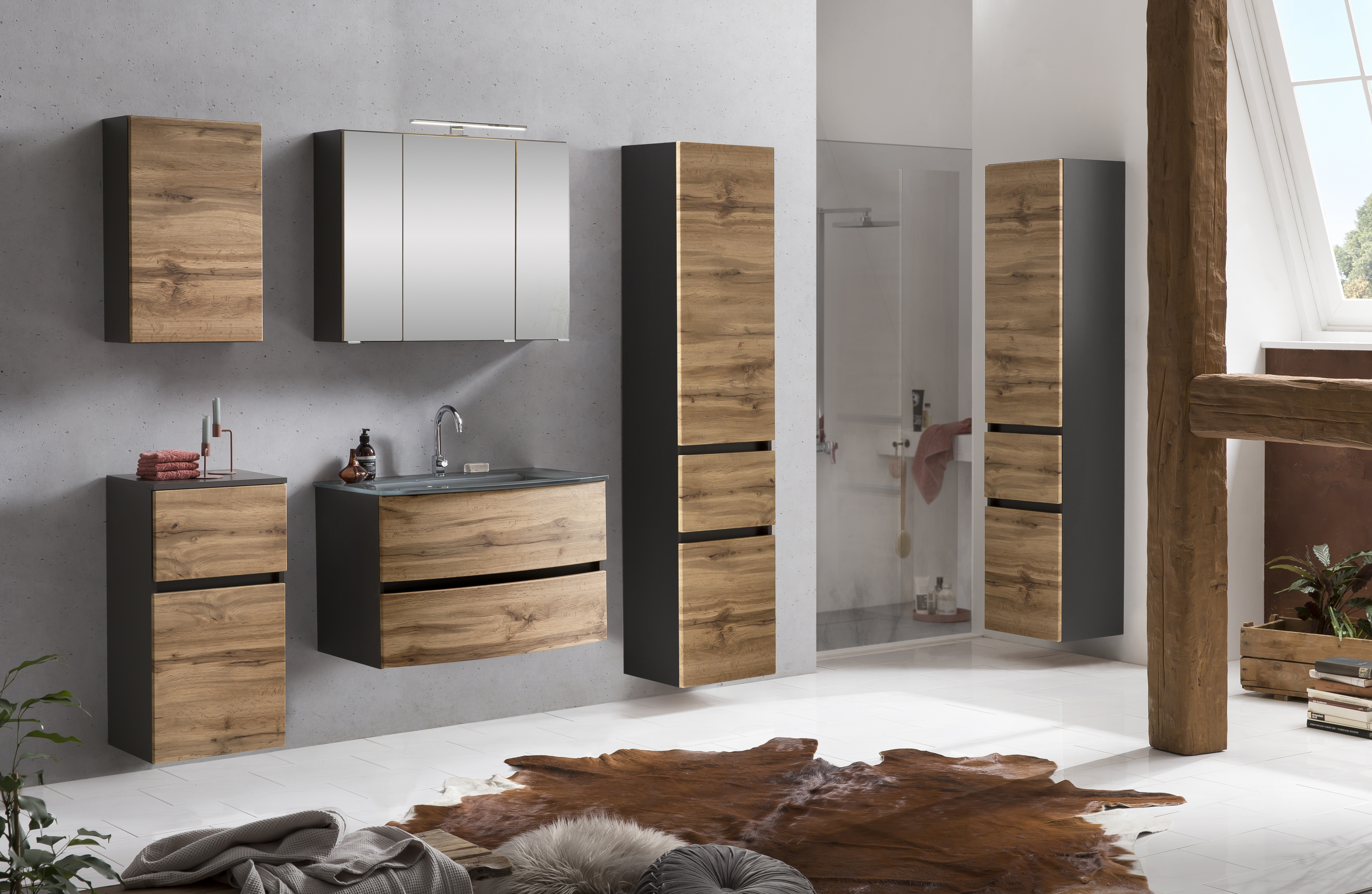 Ensemble salle de bains Kornel 5 à 3 pièces avec vasque grise - gris graphite/chêne - Image 5