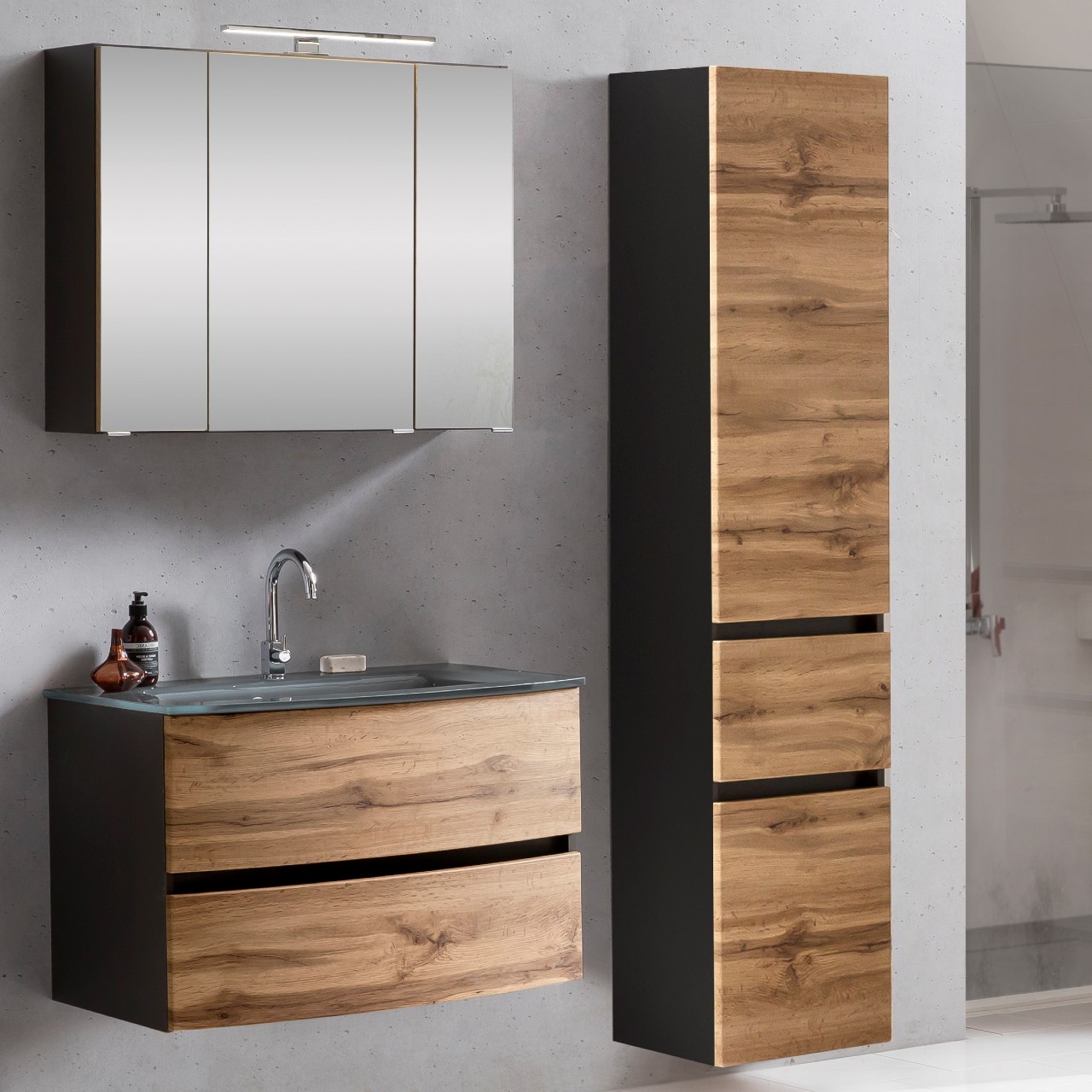 Ensemble salle de bains Kornel 5 à 3 pièces avec vasque grise - gris graphite/chêne - Image 1