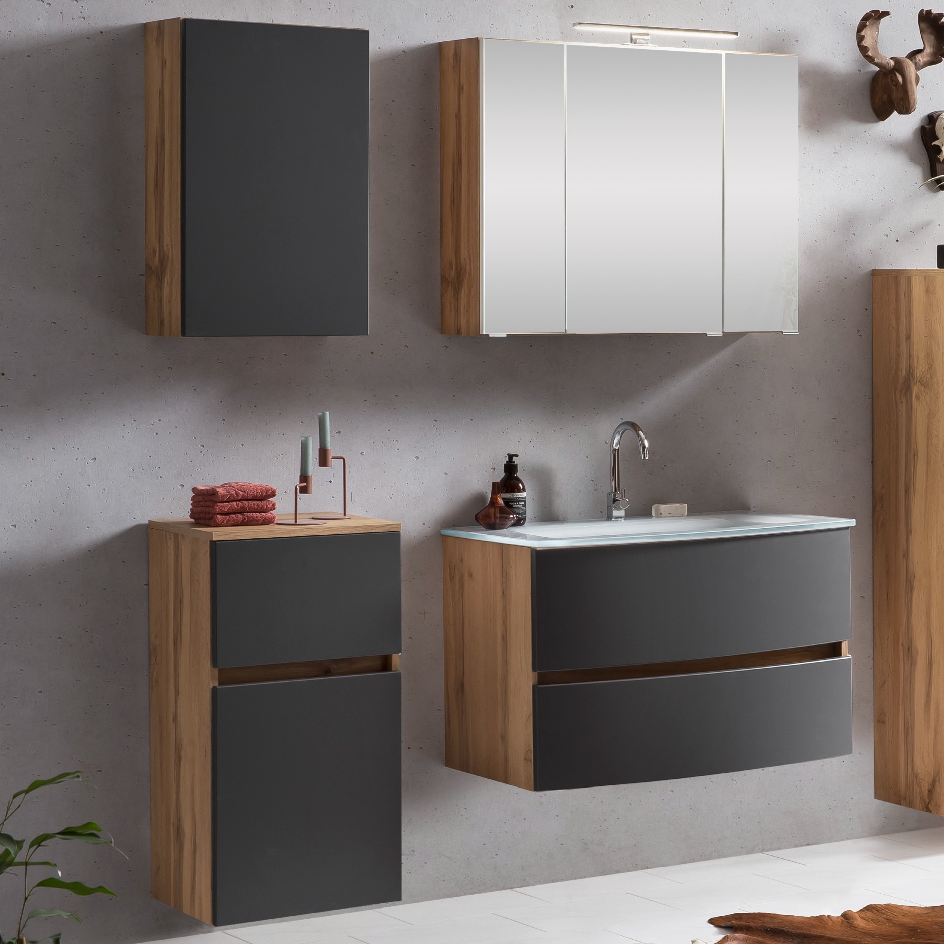 Ensemble salle de bains Kornel 7 à 4 pièces avec vasque blanche - chêne/gris mat - Image 1