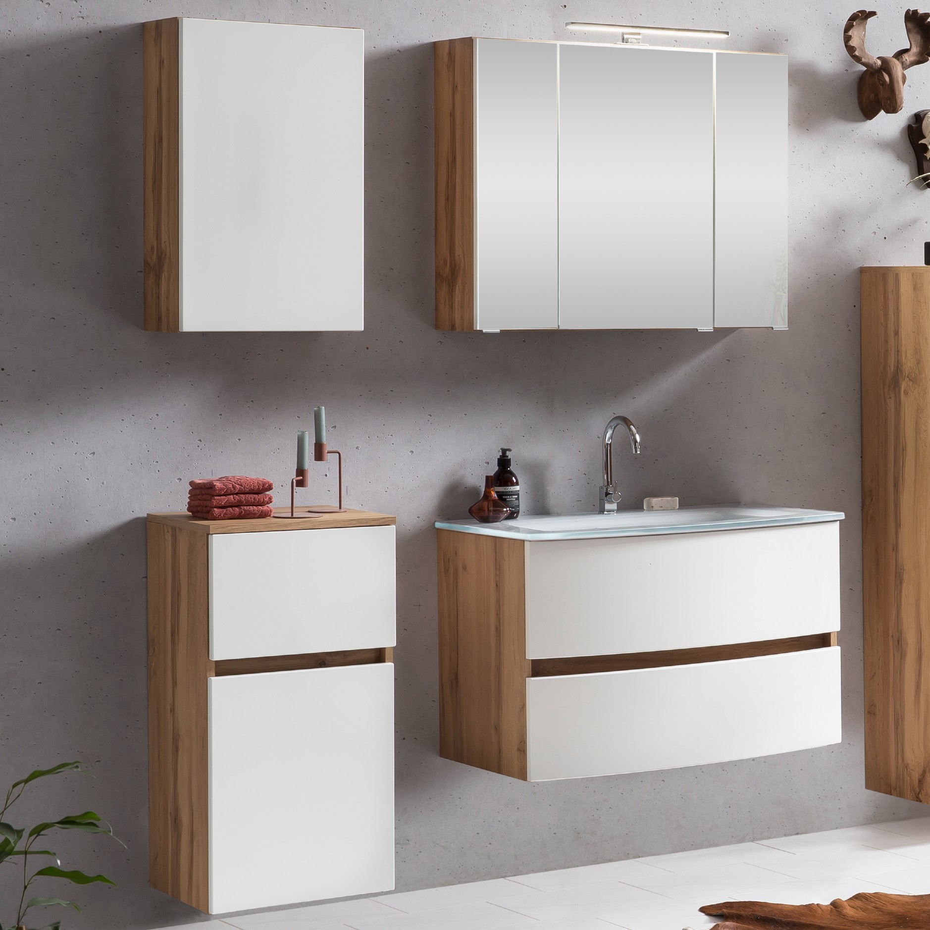 Ensemble salle de bains Kornel 7 à 4 pièces avec vasque blanche - chêne/blanc mat